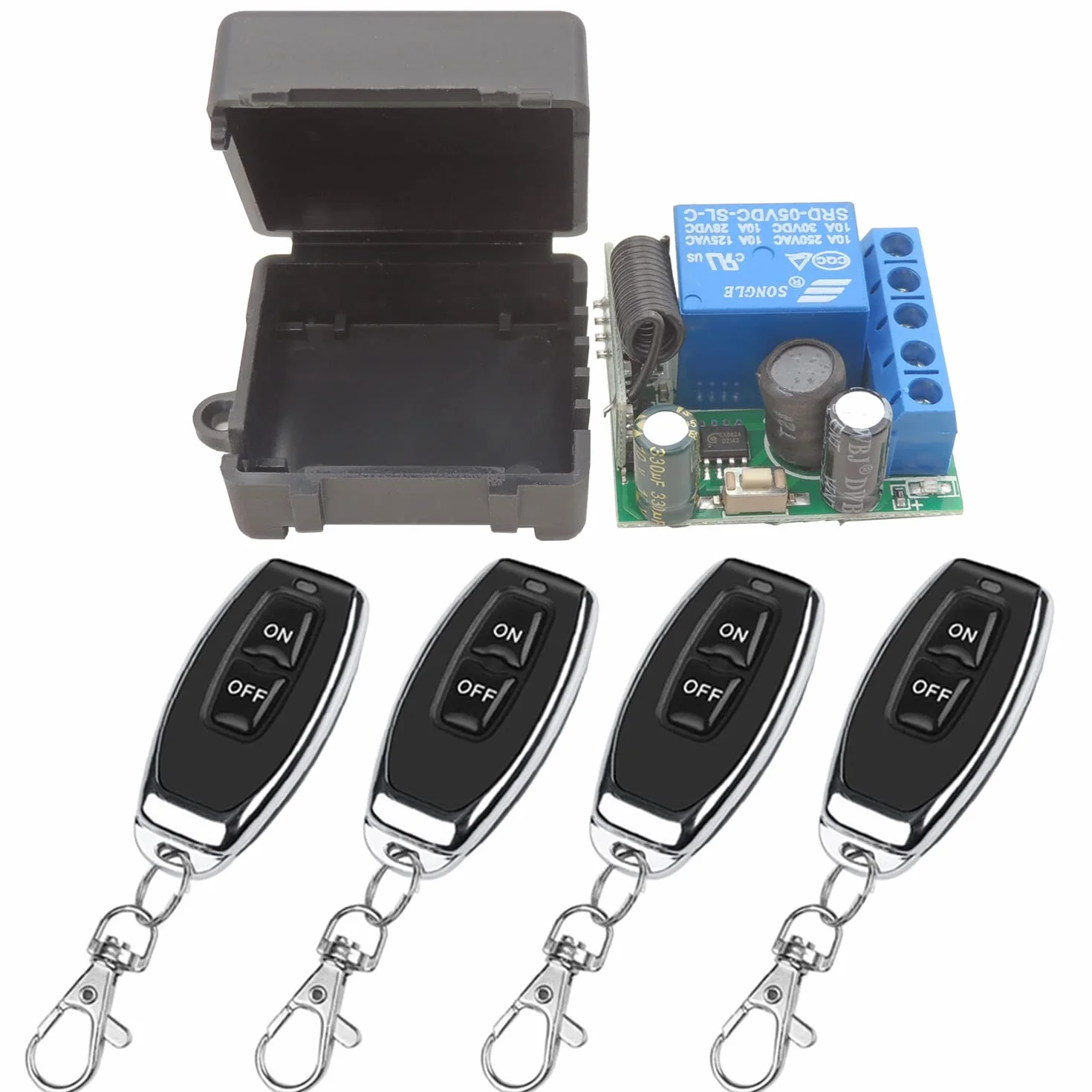 DieseRC Interruptor de Mando a Distancia Inalámbrico 433Mhz 5V 12V 24V Receptor de Relé de Control de Radio de 1 Canal con 4 Transmisores Controlador de Relé de Contactos sin Potencial