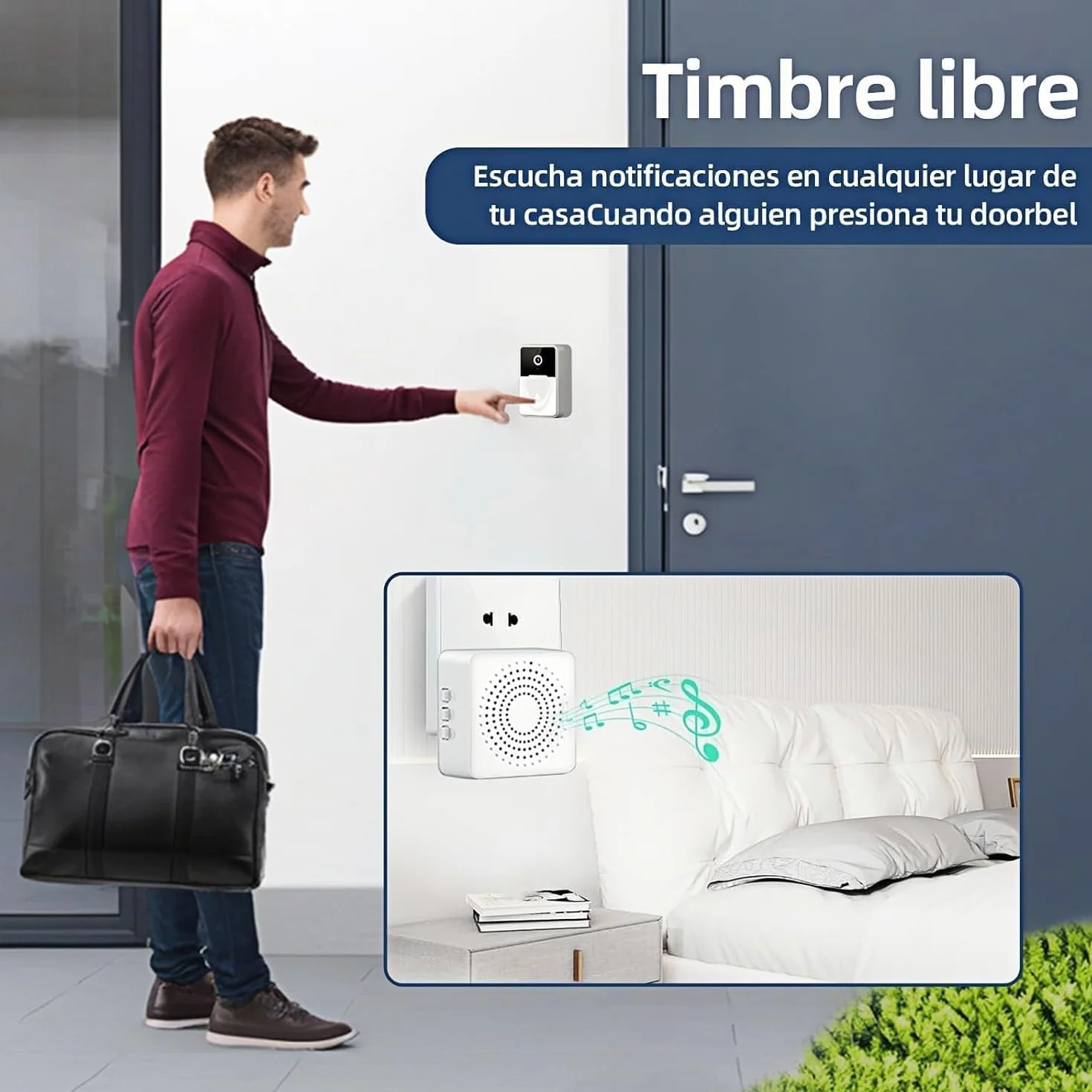 Genérico VideotimbreTimbre Inalámbrico con 2.4GHz WiFi, HD Vídeo Timbre Puerta Inteligente con Cámara, Visión Nocturna, Audio bidireccional, Instalación Fácil por App Cuenta Propia