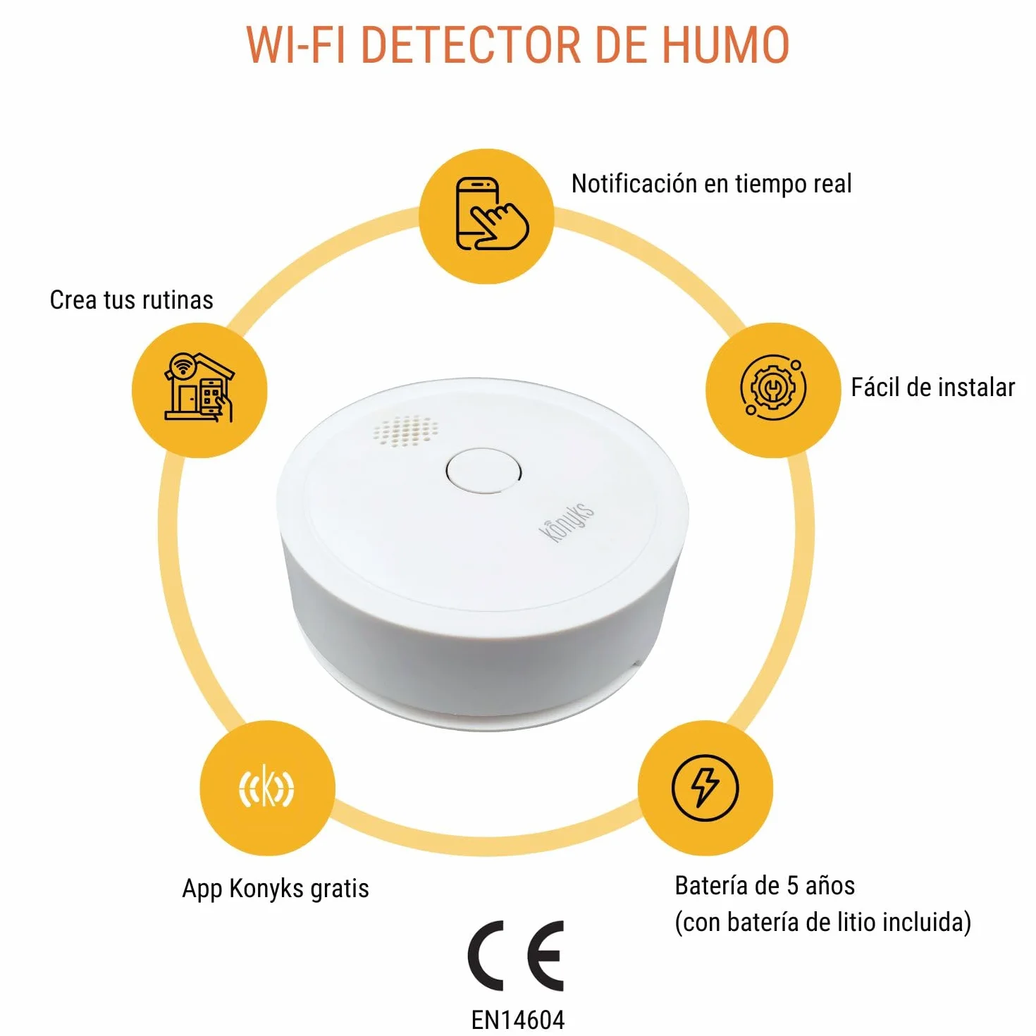 Konyks Firesafe 2 Detector de Humo Wi-Fi, Notificaciones Smartphone, Autonomía 5 años