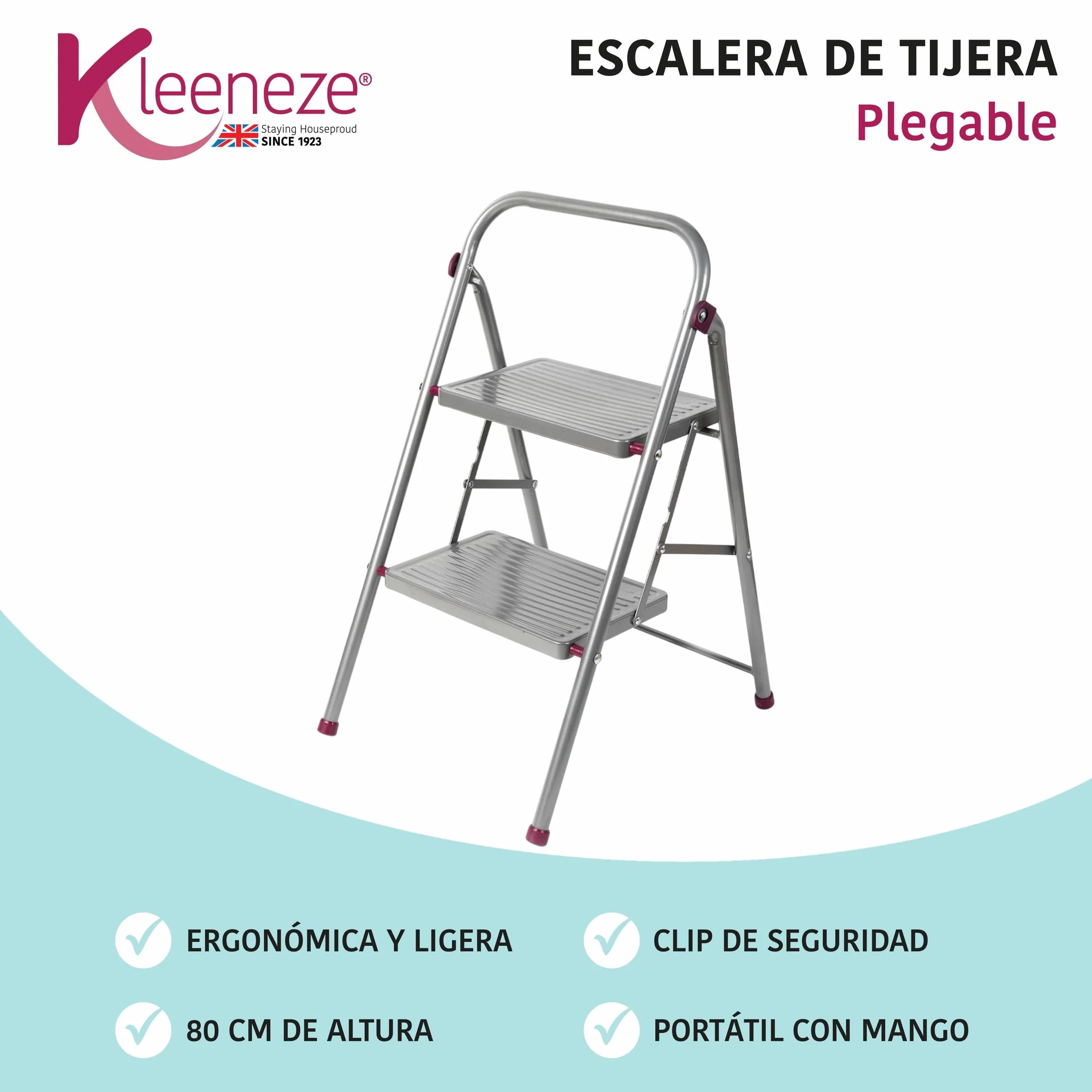 Kleeneze KL068491EU Escalera Plegable con 2 Peldaños, Fácil De Plegar, Gancho De Seguridad, Antiadherrente, Color Rosa/Gris, 80 cm