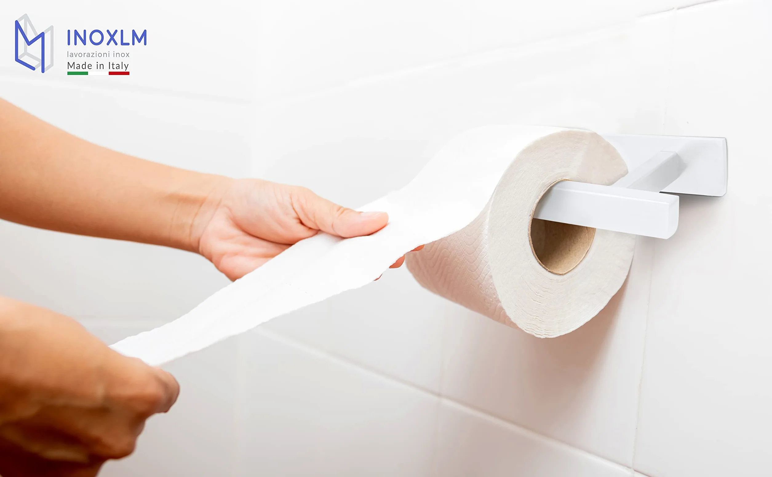 INOXLM - Kit de Baño Adhesivo | Toallero y Portarrollos Sin Agujeros | Porta Papel Higiénico (Kit Completo 2 Piezas, Blanco)
