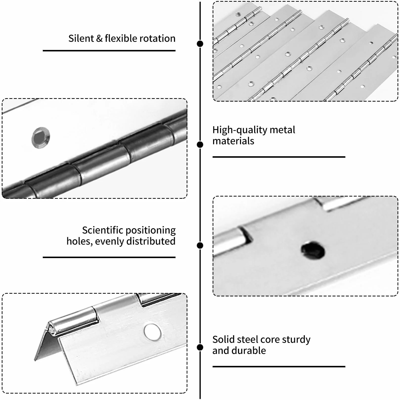 Bisagra de Piano de Acero Inoxidable 30 cm, Plegable con 12 Orificios, Resistente a la Corrosión, Incluye Tornillos