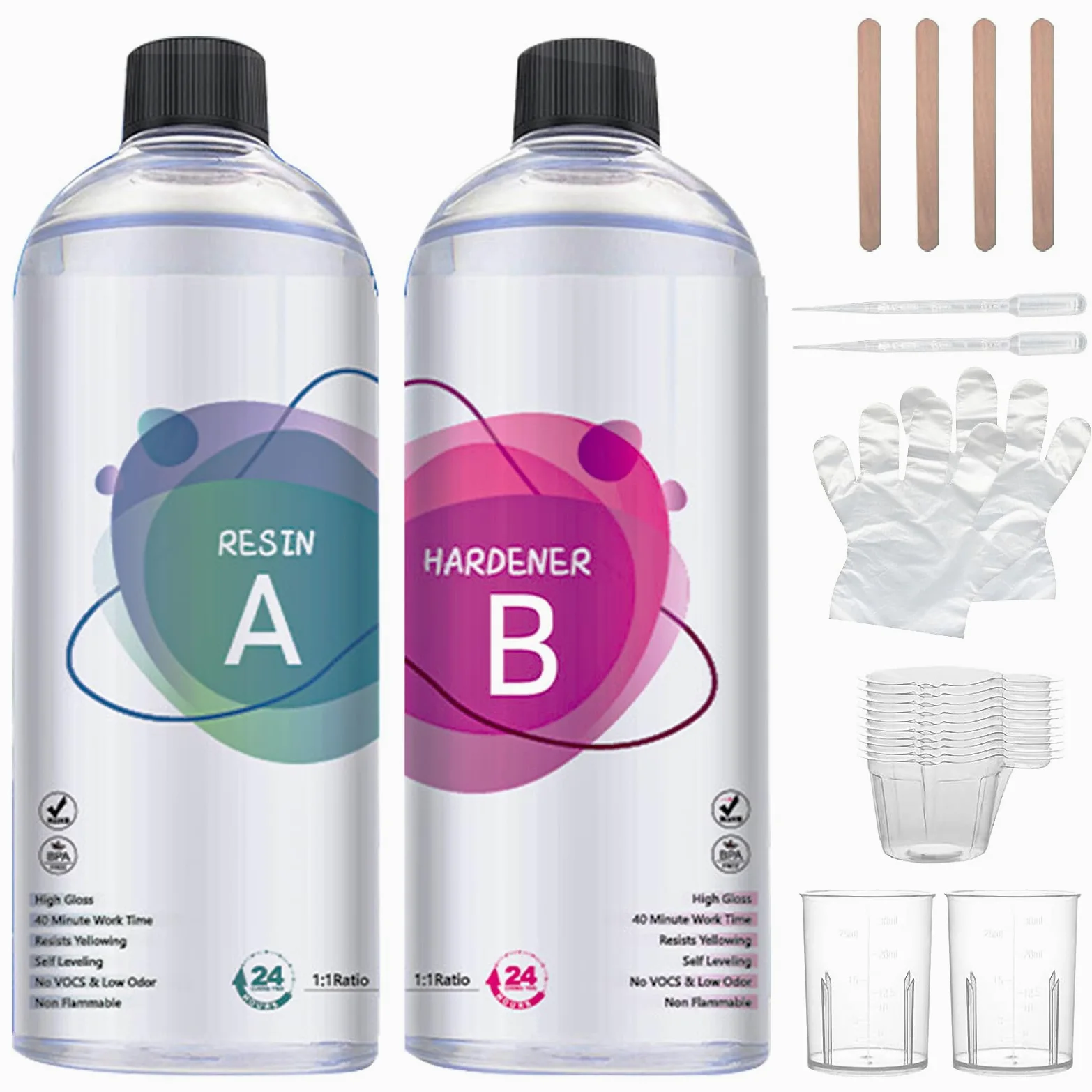 Resina Epoxi Kit 1L (500ml Resin + 500ml Hardener), 1:1 Ratio Crystal Clear Casting Resin Set with Gloves, Measuring Cups & Sticks – Ideal for Wood, Jewelry, Art & DIY Crafts