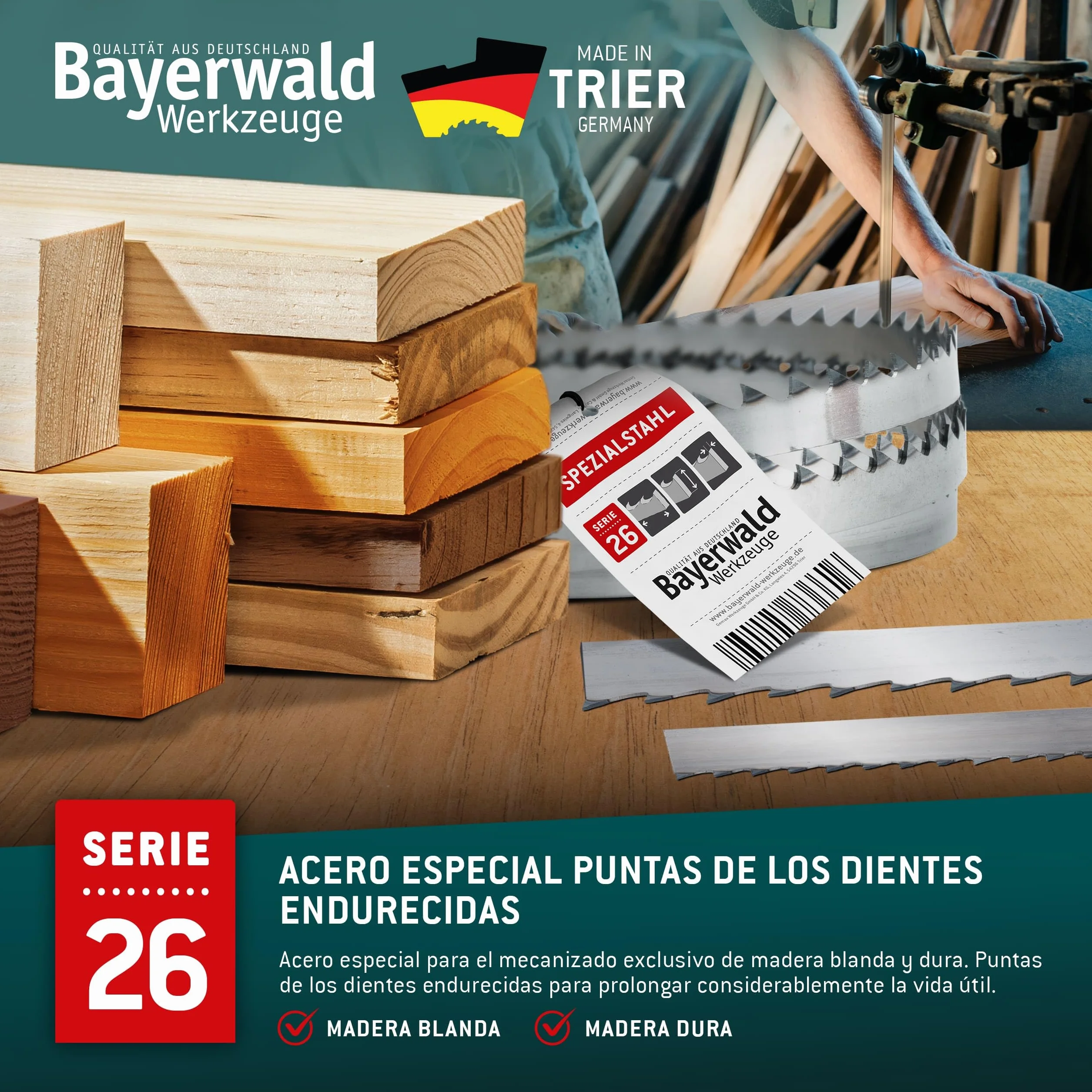 Bayerwald puntas de dientes especiales de acero endurecido, hoja de sierra de cinta, 1400 x 6 x 0,4 x 4, adecuada para todos los tipos comunes de madera, cinta de sierra, adecuada para Einhell y mucho