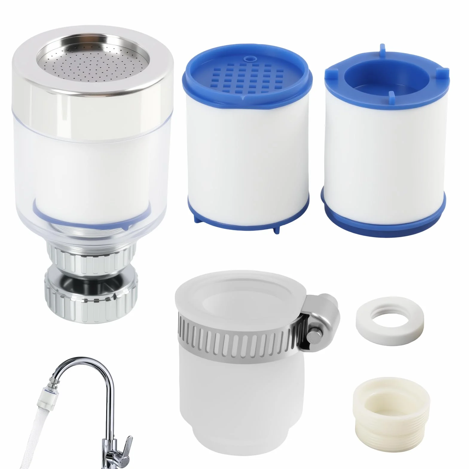 Filtro de Agua para Grifo con Adaptador Universal, Incluye 2 Cartuchos Reemplazables, Filtración de Agua de Carbono Rotatoria 360° para Eliminar Metales Pesados, Cloro, Protege la Salud Familiar