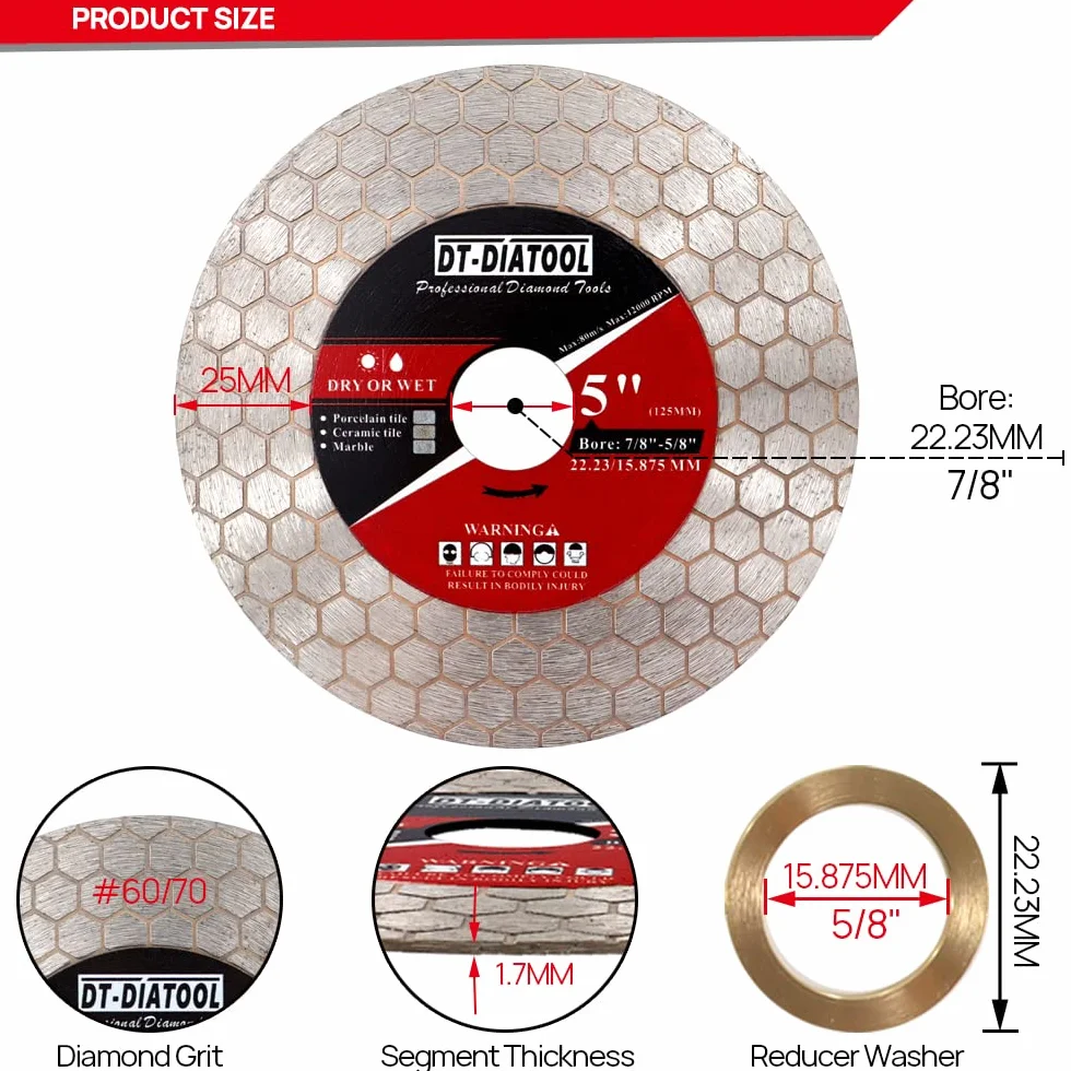 DT-DIATOOL Disco de diamante para cortar azulejos 125mm para esmerilar cantos de porcelana cerámica mármol gres artificial
