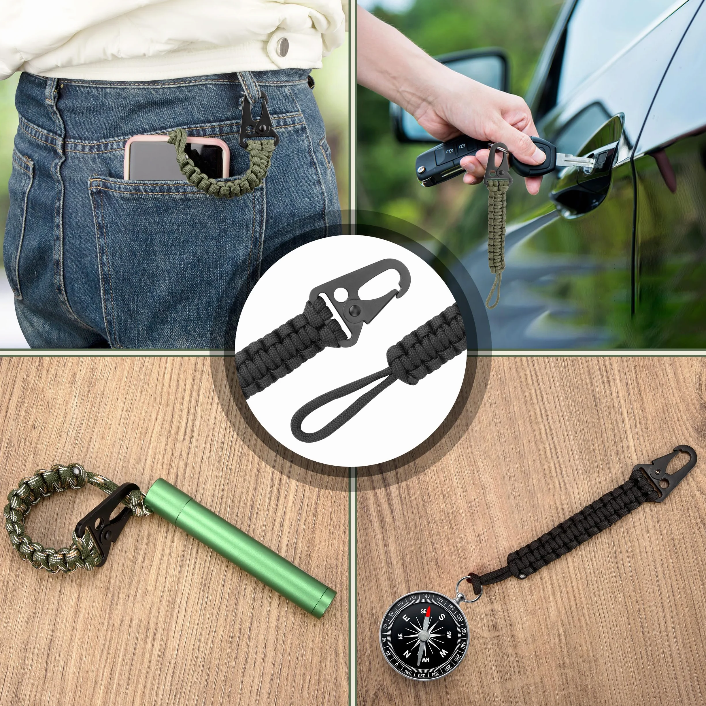 Llaveros de Cuerda de Paracaídas Cordón Trenzado con Mosquetón Cordón de Cintura Antipérdida Hebilla Cuerda Táctica para Camping Senderismo Caza 3 Piezas