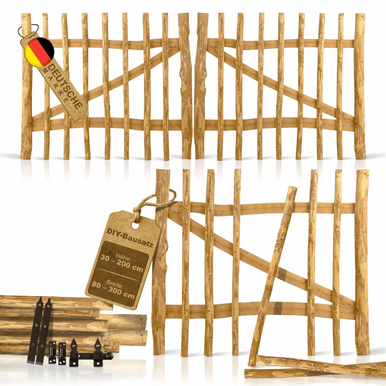 BooGardi Puerta de jardín de madera, 168 tamaños hasta 3 m, ancho de 80 cm, altura de 60 cm, distancia entre listones de 7 a 9 cm, puerta de estacas avellana, puerta de puerta de jardín