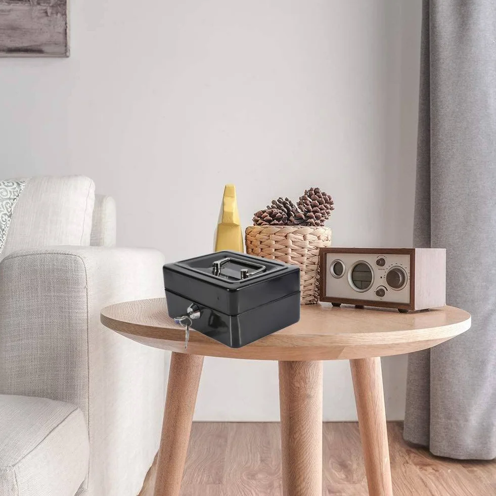 Caja impermeable ignífuga con cerradura de llave, mini caja fuerte portátil de acero Petty, negra