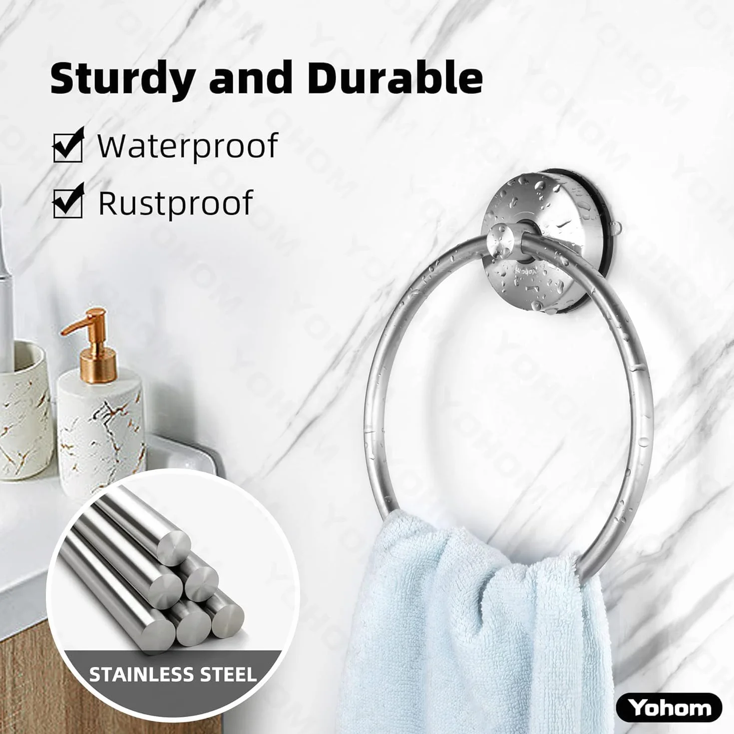 YOHOM Toallero de baño con ventosa acero inoxidable plata cepillada 2 unidades montaje pared sin taladro
