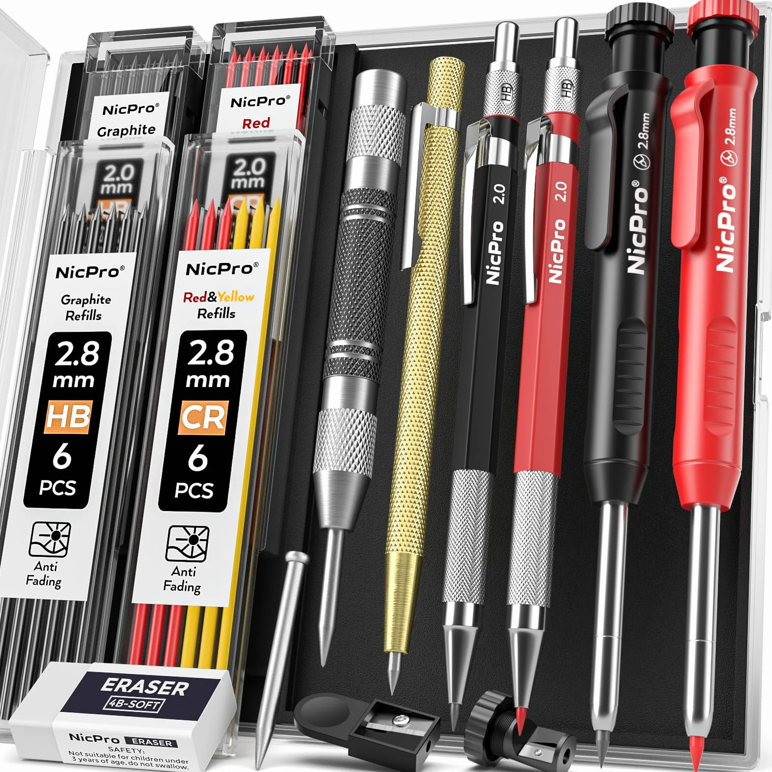 Nicpro 15 Piezas Lápices de Carpintero con Sacapuntas y Estuche, Lápices Mecánico con 40 Recambios, Perforadora Central Automática y Herramienta de Trazado Carburo, Portaminas Resistentes