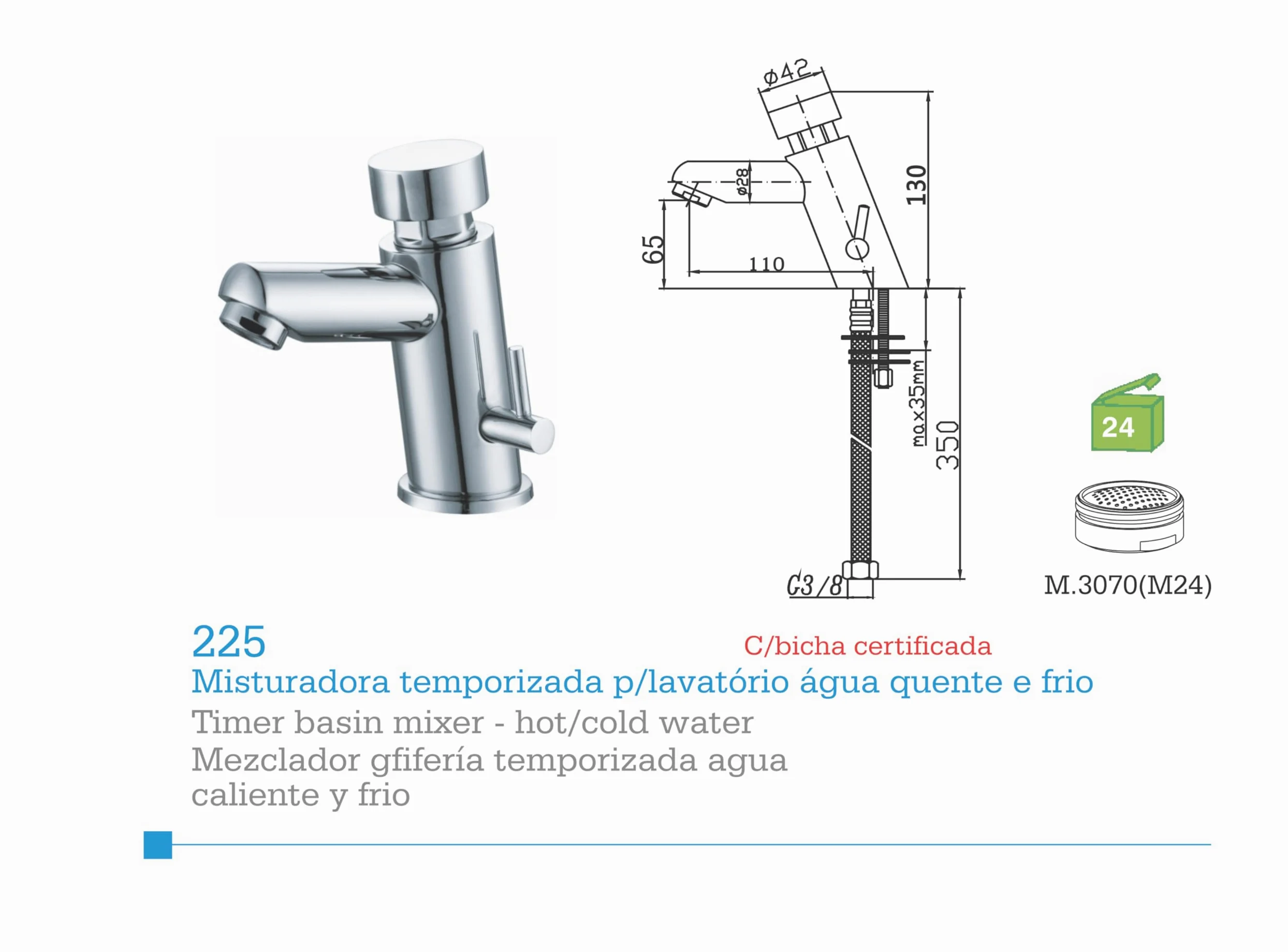 Grifo Temporizado (6 a 8 segundos) para Lavabo con Agua Caliente y Fría Diseño Cromado Moderno - (225)