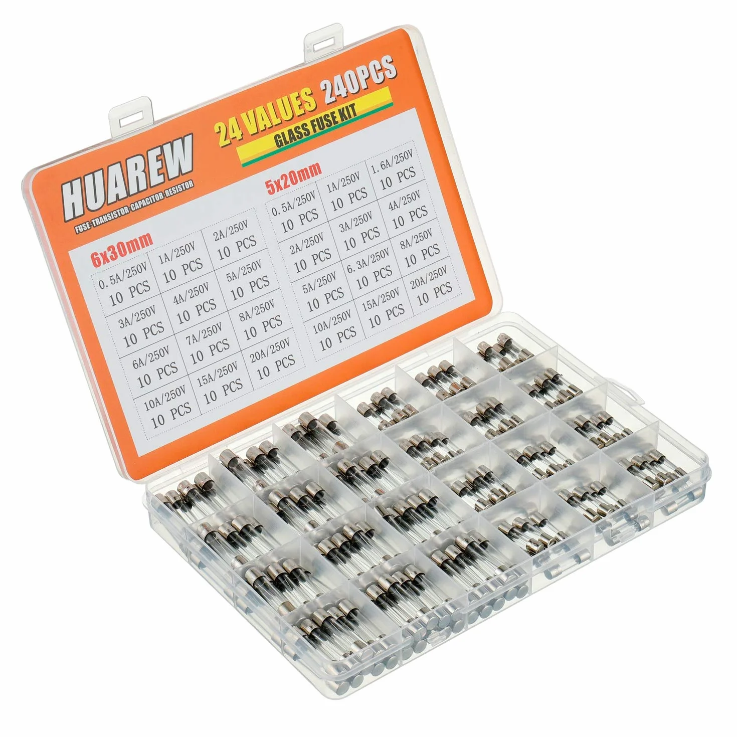 Fusible de Vidrio de Fusión Rápida 250V 5x20mm 6x30mm Kit 240 Piezas 24 Valores 0.5-20A