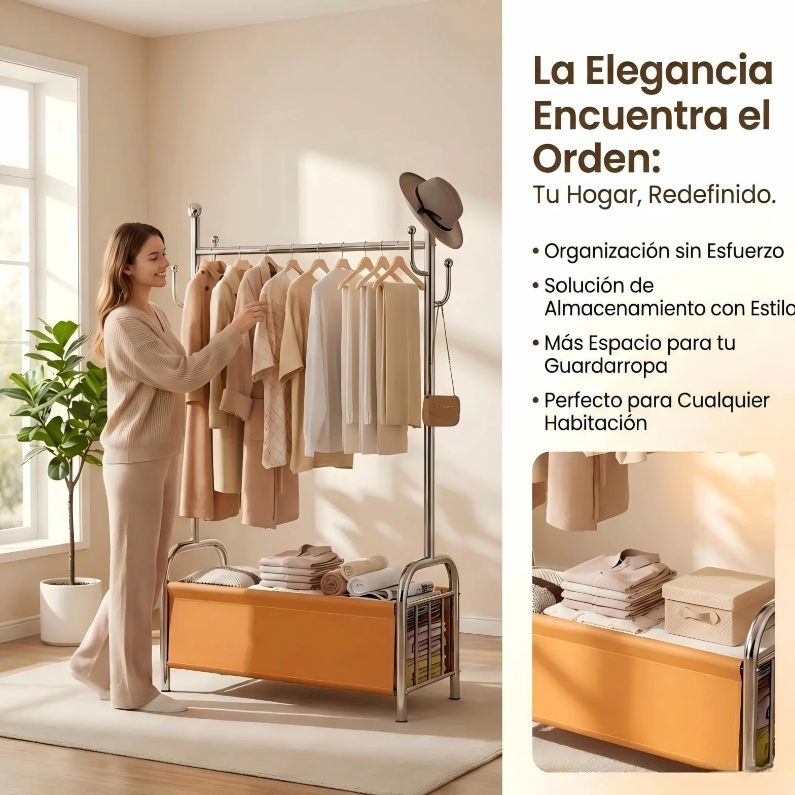 Burro Ropa Acero Inoxidable con Cesta Almacenaje, Perchero Estable Pie, 3 en 1 Tendedero Organizador
