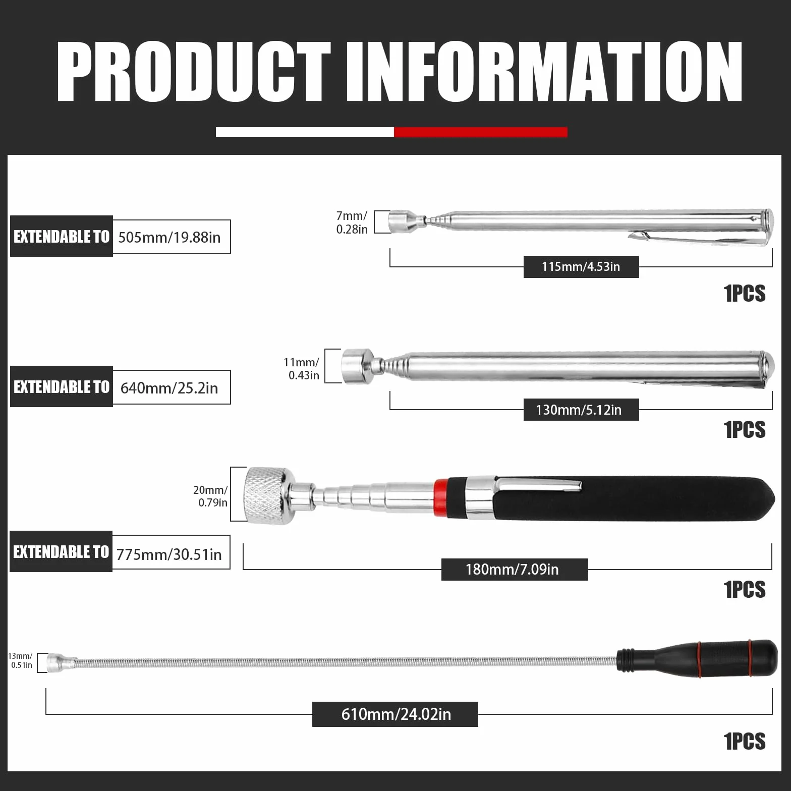 4 Piezas Herramienta Recogedor Magnético Extensible Iman Telescopico Iman Flexible Acero Inoxidable para Recoger Tornillos y Tuercas y Otros Objetos Metálicos