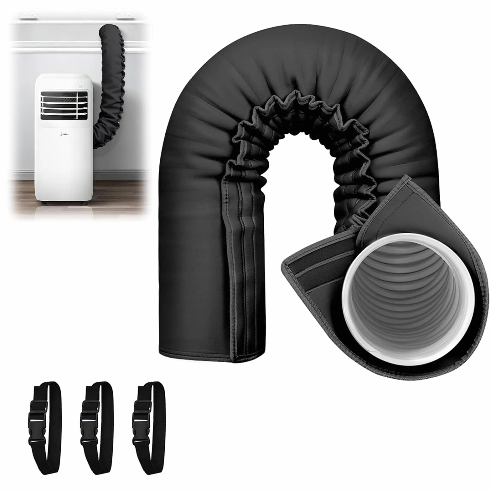 Cubierta Aislante para Manguera de Aire Acondicionado, Funda Aislamiento para Conducto Escape 12.7-15cm Diámetro, 3 Correas Negro