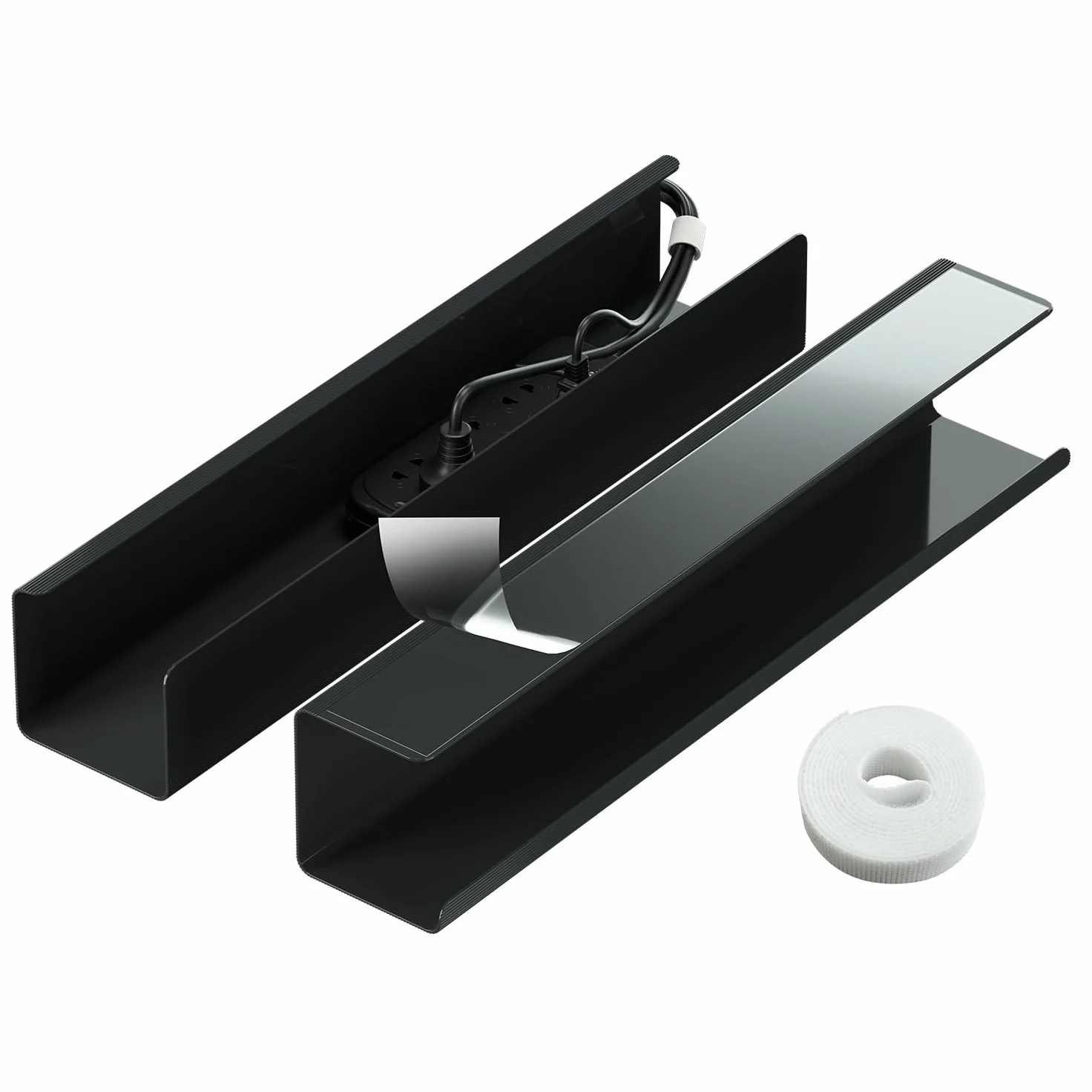 2 Pack No-Screw Cable Management Under Desk, Self-Adhesive Cord Organizer, Wire Management Tray for Office and Home (Black)