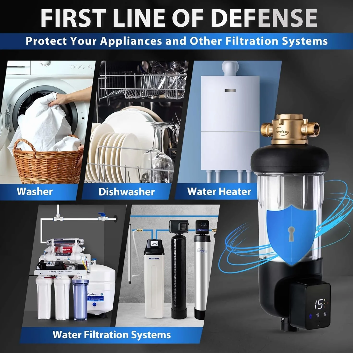 iSpring WSP50ARJ, Certificado NSF, Filtro de Sedimentos de Giro, Tamaño Jumbo Mejorado, Gran Capacidad, Reutilizable con Módulo de Flushing Automático de Pantalla Táctil, Latón, 50 Micrones