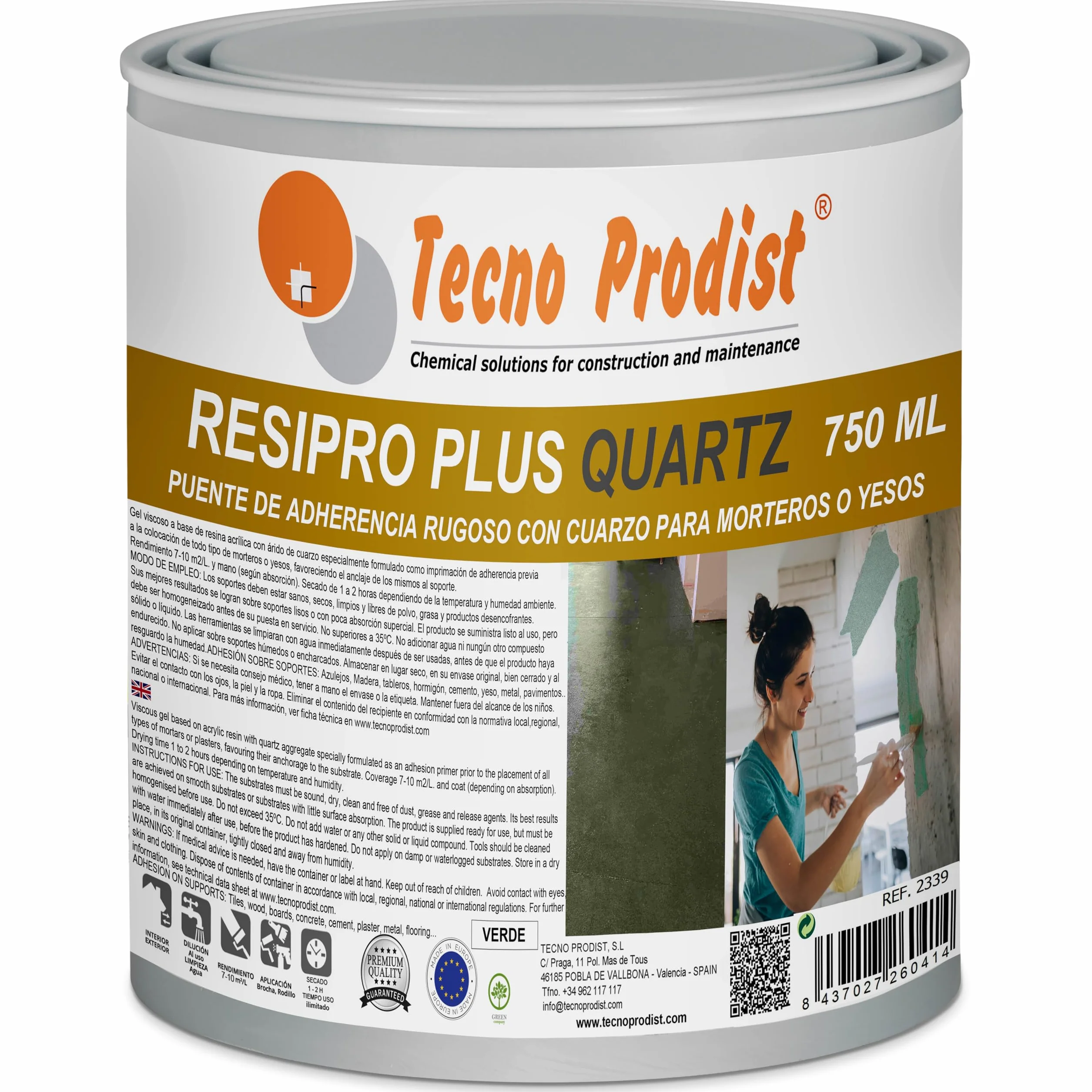 Tecno Prodist - RESIPRO PLUS QUARTZ (750 ml) Resina Puente de Unión con Cuarzo, adhesión rugosa sobre soportes lisos porosos y no porosos, para aplicación de morteros, yeso, baldosas, etc (verde)