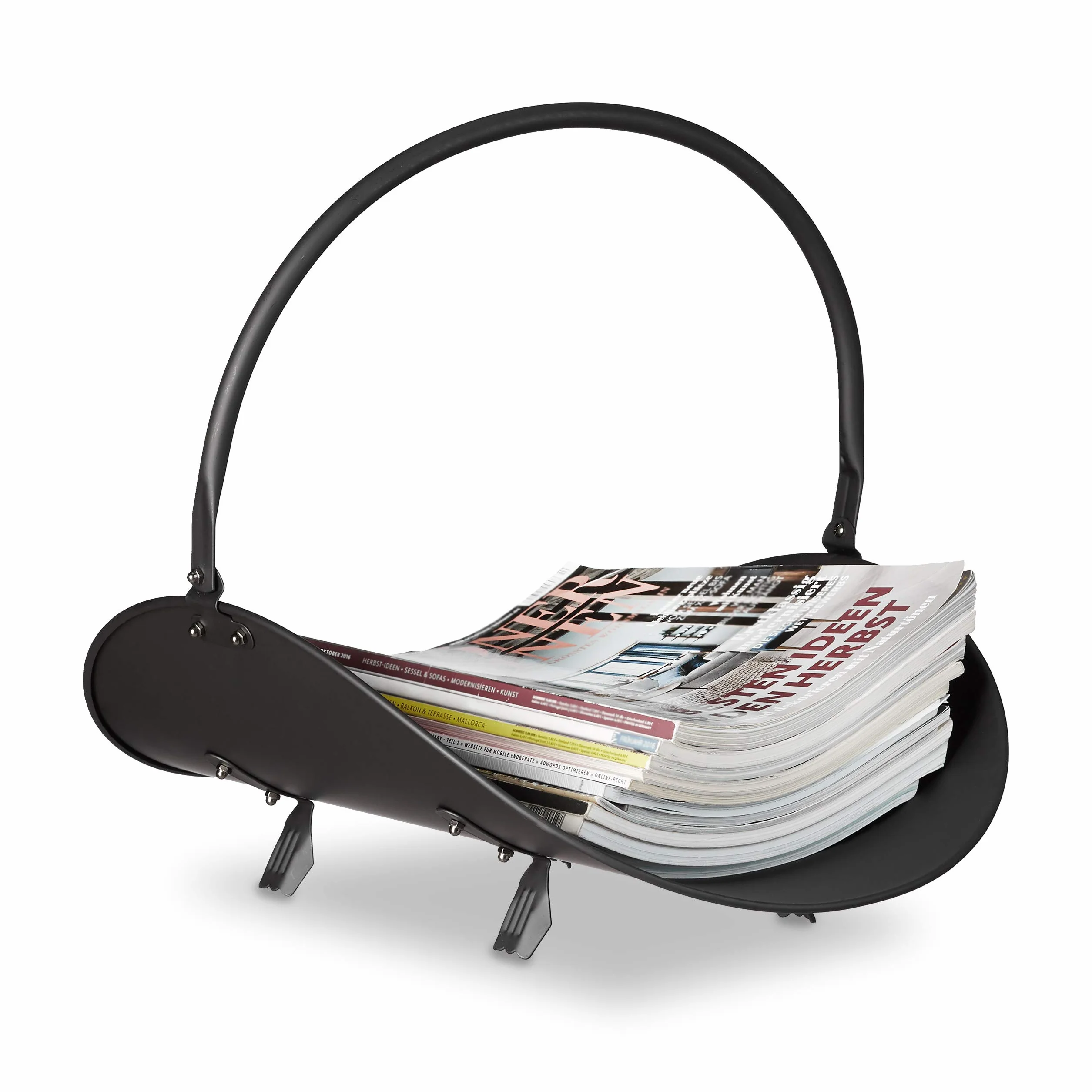 Relaxdays Cesta para Leña Moderna con Asa, Canasto Chimenea, Almacenaje Madera y Transporte, Acero, 40x38x48 cm, Negro