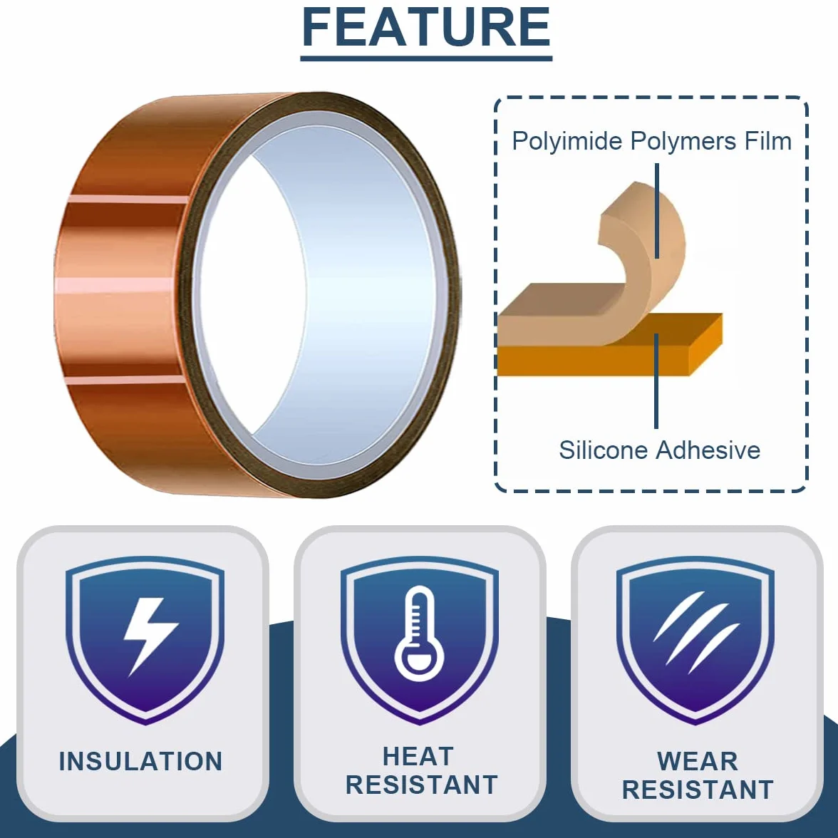 50 mm x 28 m (90 pies) Cinta de alta temperatura Cinta de poliimida resistente al calor Cinta térmica Cinta Kapton para enmascarar/Soldar/Impresoras 3D / Batería