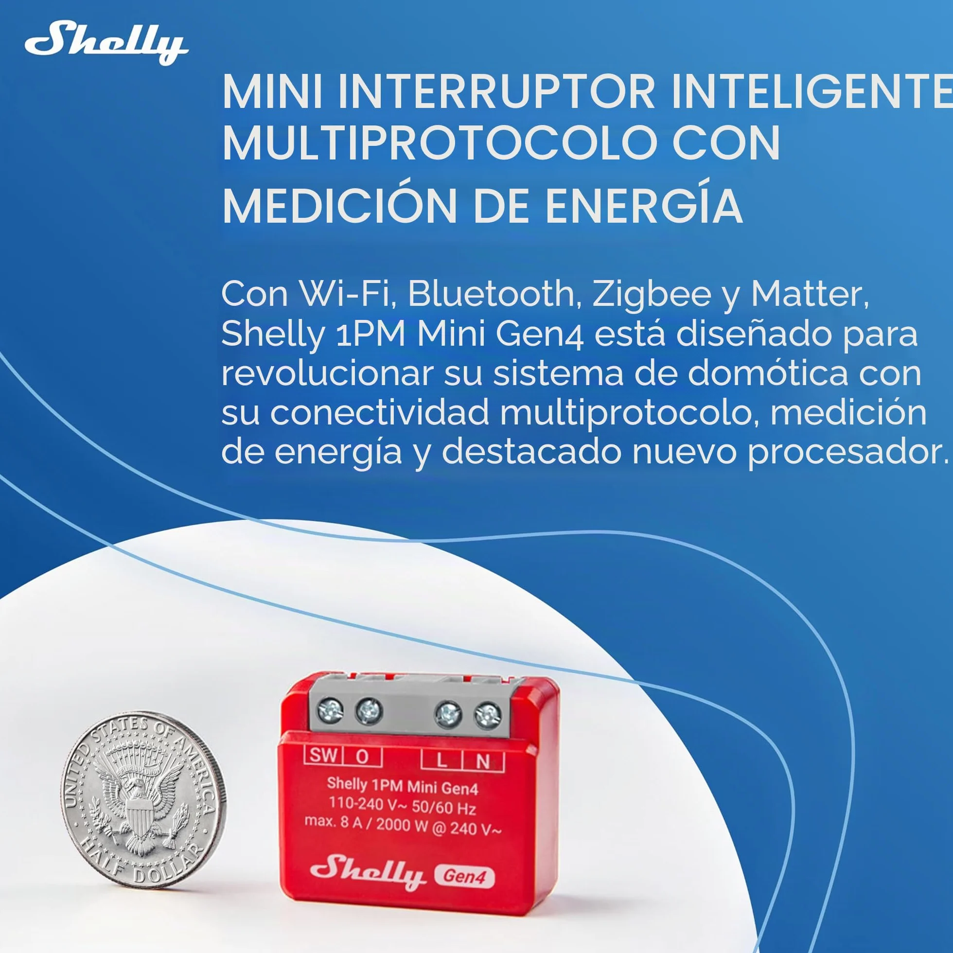 Shelly 1PM Mini Gen4 – Módulo interruptor inalámbrico Matter, Zigbee y Wi-Fi, 1 canal 8A, Medición de consumo de energía, Relé de luz, Control por app y por voz Alexa, Google, Apple HomeKit - 2 Piezas