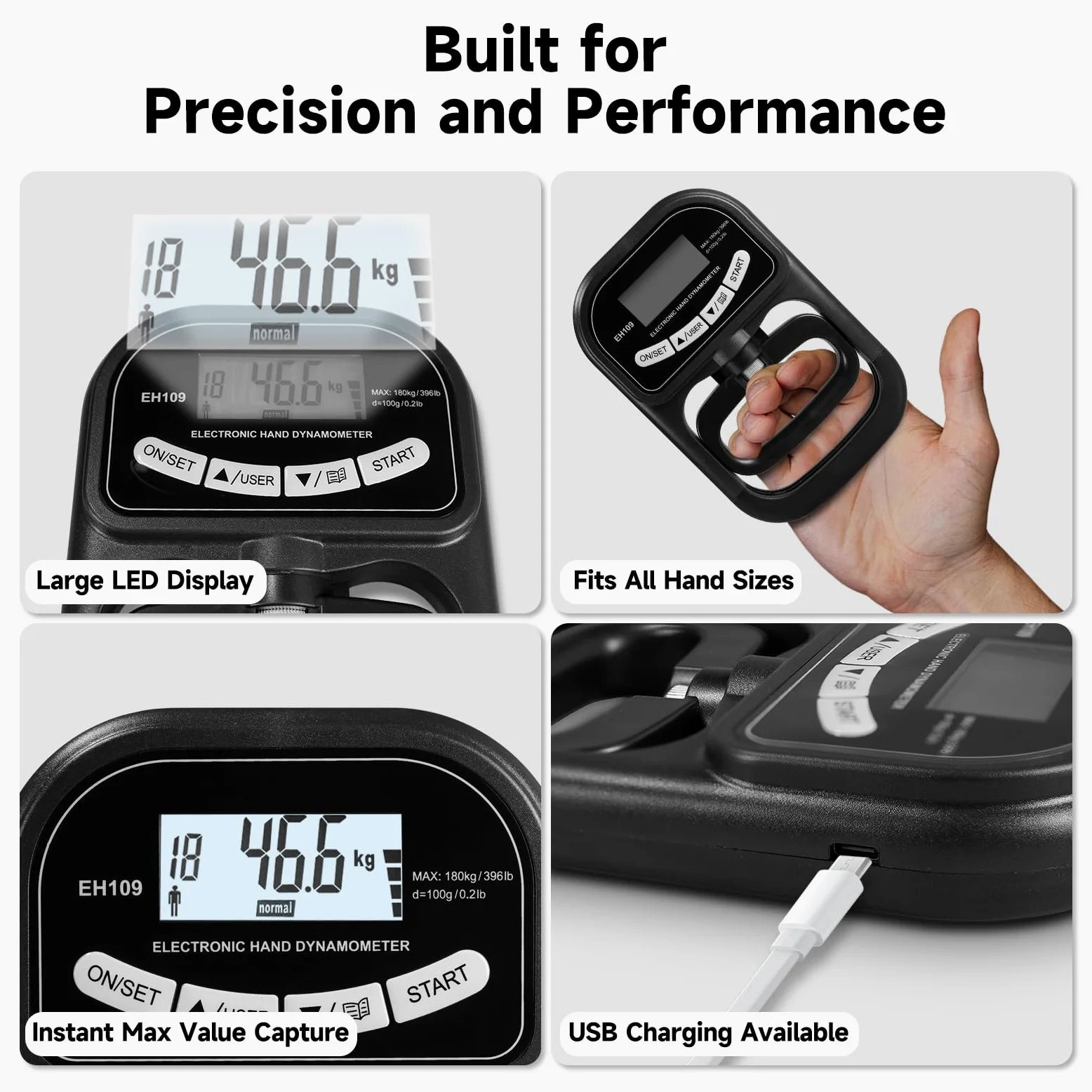 Juego de medidor digital de fuerza de agarre y entrenador, dinamómetro de mano LCD con memoria de 19 usuarios, USB o batería + ejercitador de agarre electrónico con reinicio de 1 toque, regalo