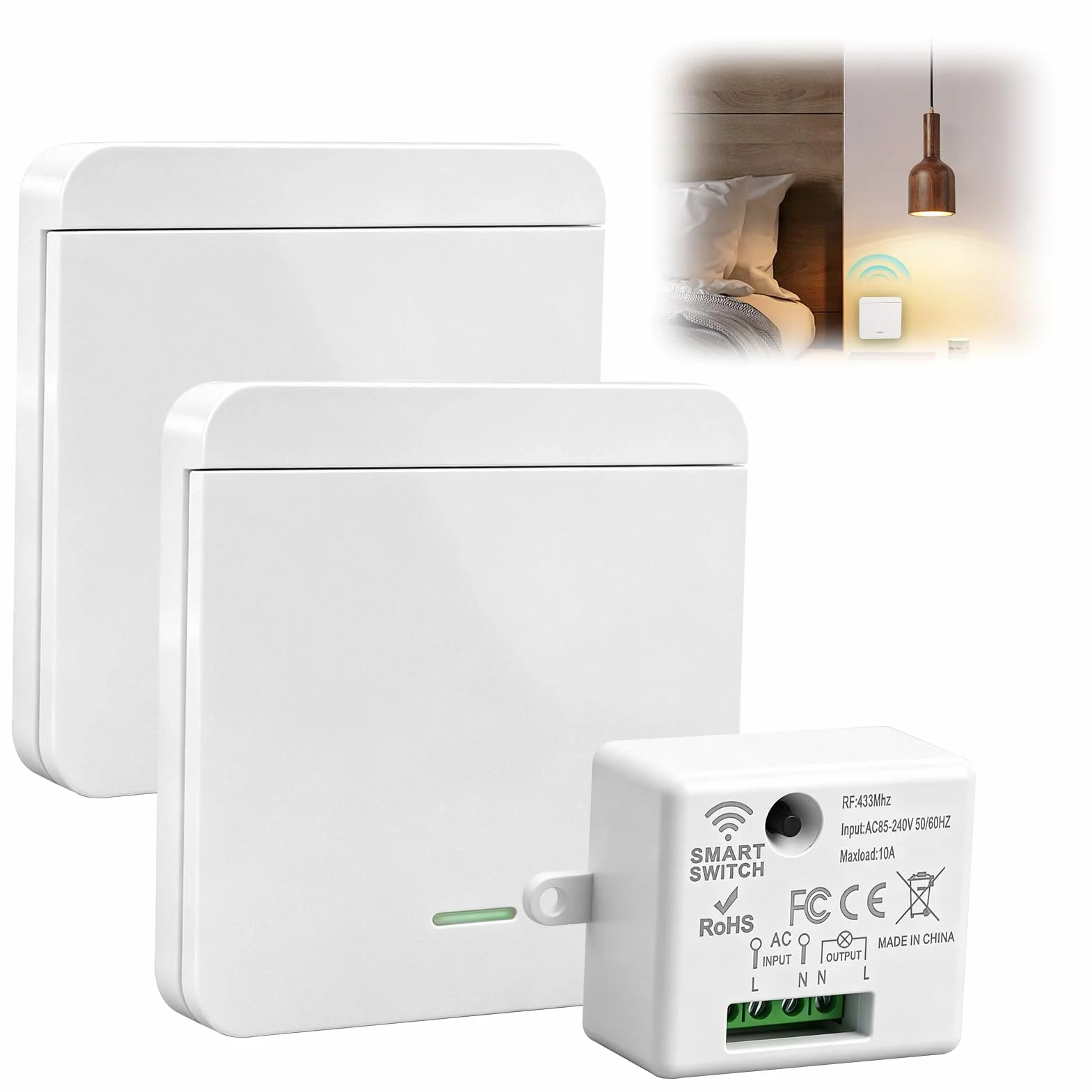 Interruptor de luz Inalámbrico Kit Interruptor Luces Inalambrico 230V Interruptor de Seguridad con 2 Transmisor RF y Controlador Receptor 10A Alcance 50m No Requiere Cableado para Lámpara Hasta 2300W