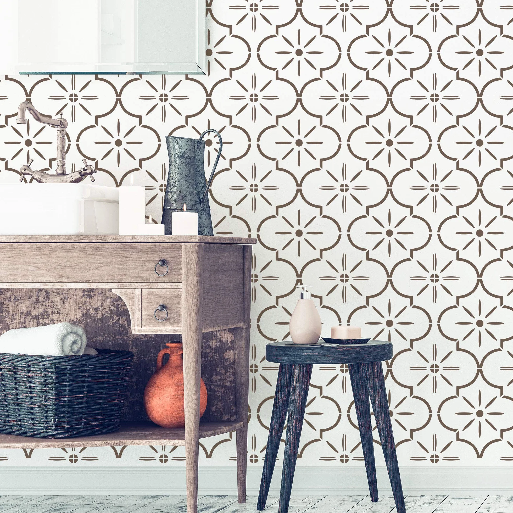 NAKLEO Lucca Tile Plantilla de plástico reutilizable – 33x33cm - Morisco Floral Español - Geométrico marroquí - Adoquín Bloque Concreto Piso Pared Pintura Plantilla Madera