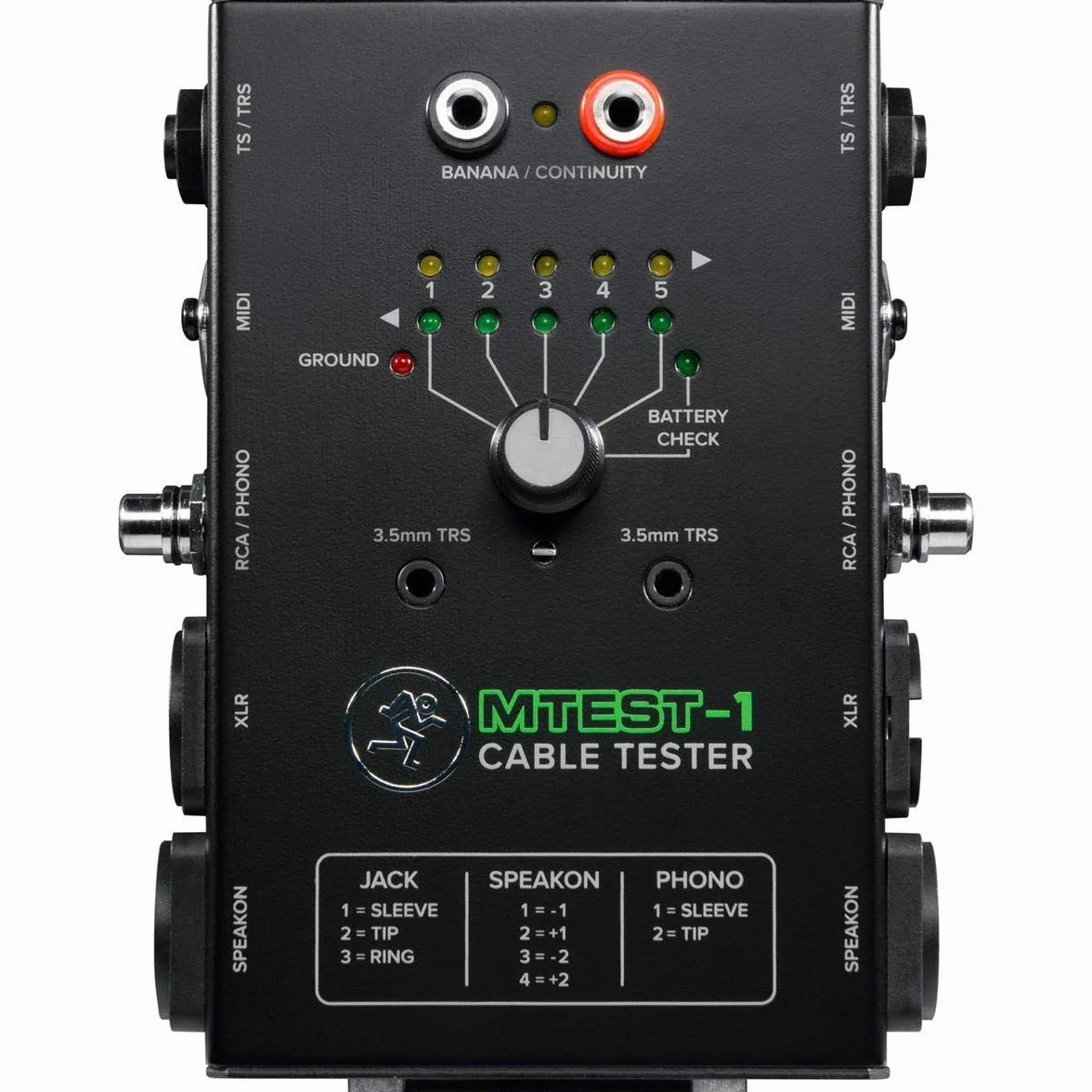 MACKIE MTest-1 comprobador de cables tester 6 pines 7 conectores TRS TS 1/4" 1/8" XLR RCA Speakon MIDI Banana