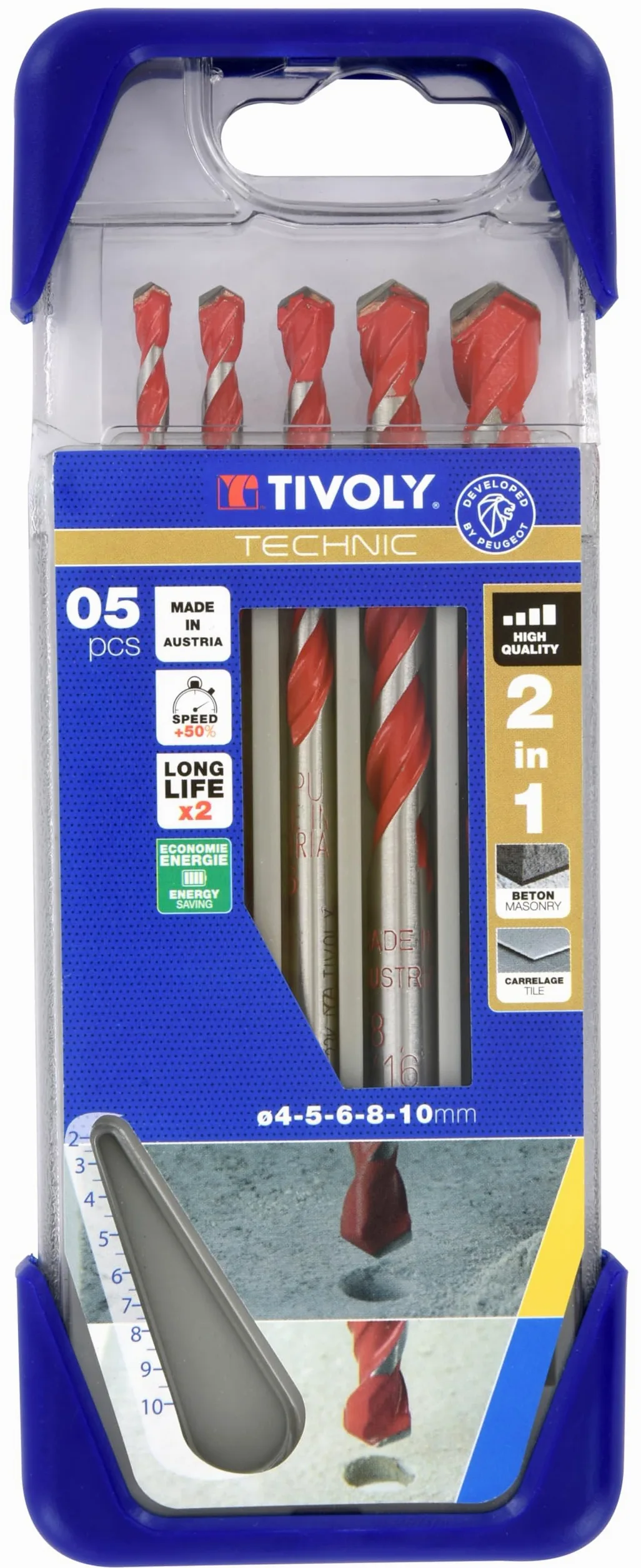 TIVOLY 10913070002 - CLIPSTER 2in1 TECHNIC Brocas 2 in 1 HORMIGON AZULEJO Ø 4-5-6-8-10 mm