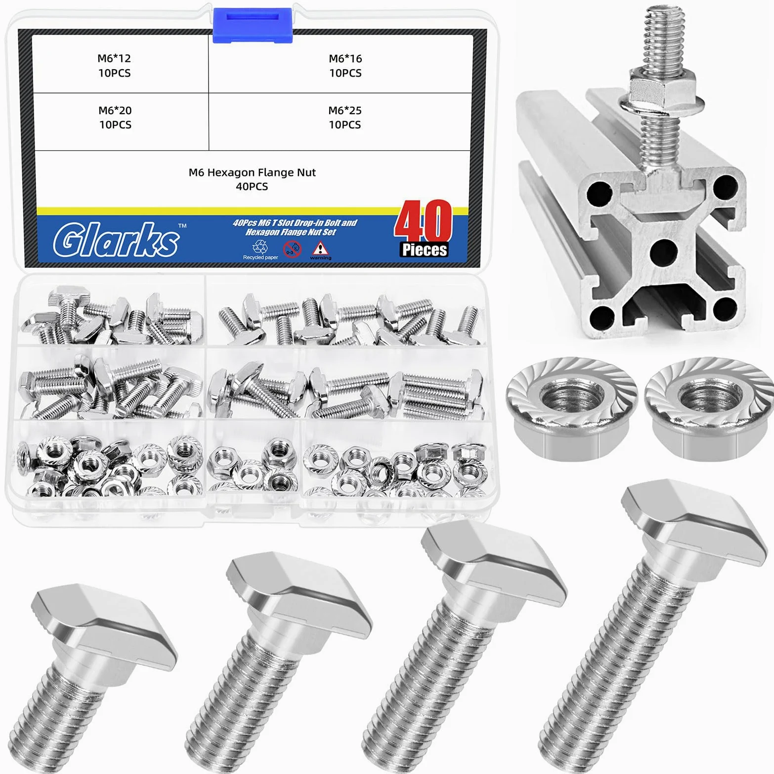 Glarks 80 pernos M6 con ranura en T con juego de tuercas de brida hexagonal, perno en T de cabeza de martillo de 12/16/20/25 mm, tornillo deslizante en forma de T, perno de tornillo en T para perfil