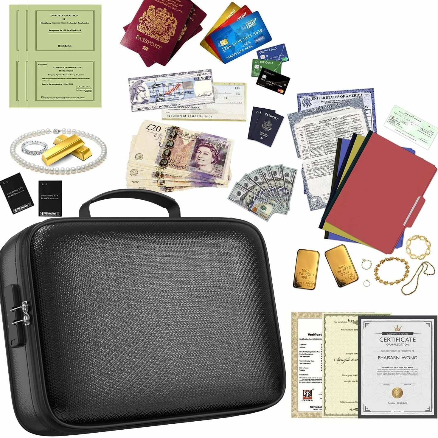 QNIGLO Caja Fuerte Ignífuga con Cerradura, bolsa organizador impermeable, Tarjeta, Certificado Importante con Bolsa Organizadora de Varias capas, bolsa de documentos para el hogar oficina viajes