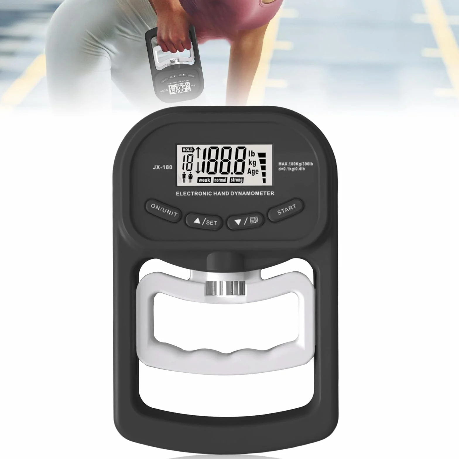 Medidor de fuerza de mano digital: 396 lb/180 kg, medidor de fuerza de agarre electrónico, pantalla LED Grip Strength Trainer, dinamómetro con cable de carga USB, medición de fuerza de agarre digital
