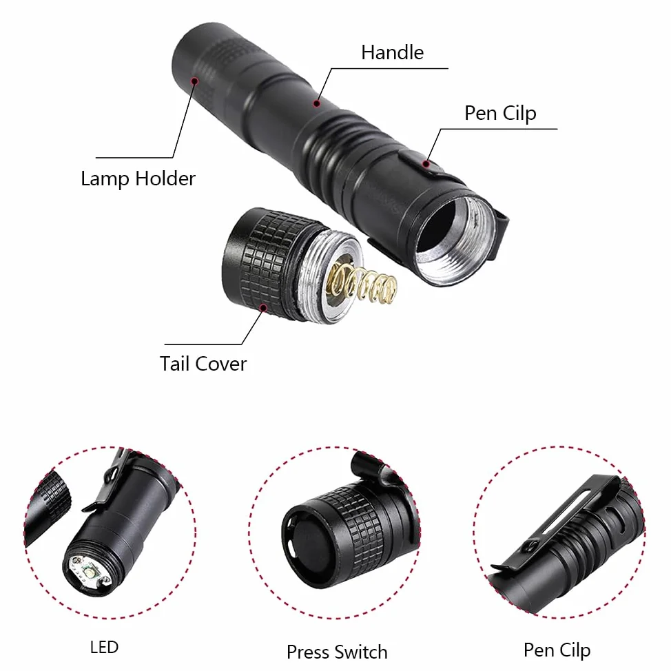 Paquete de 5 mini linternas pequeñas LED potentes de alto lúmenes tácticos con clip, linterna compacta de bolsillo portátil delgada para inspección de emergencia, batería AAA, resistente al