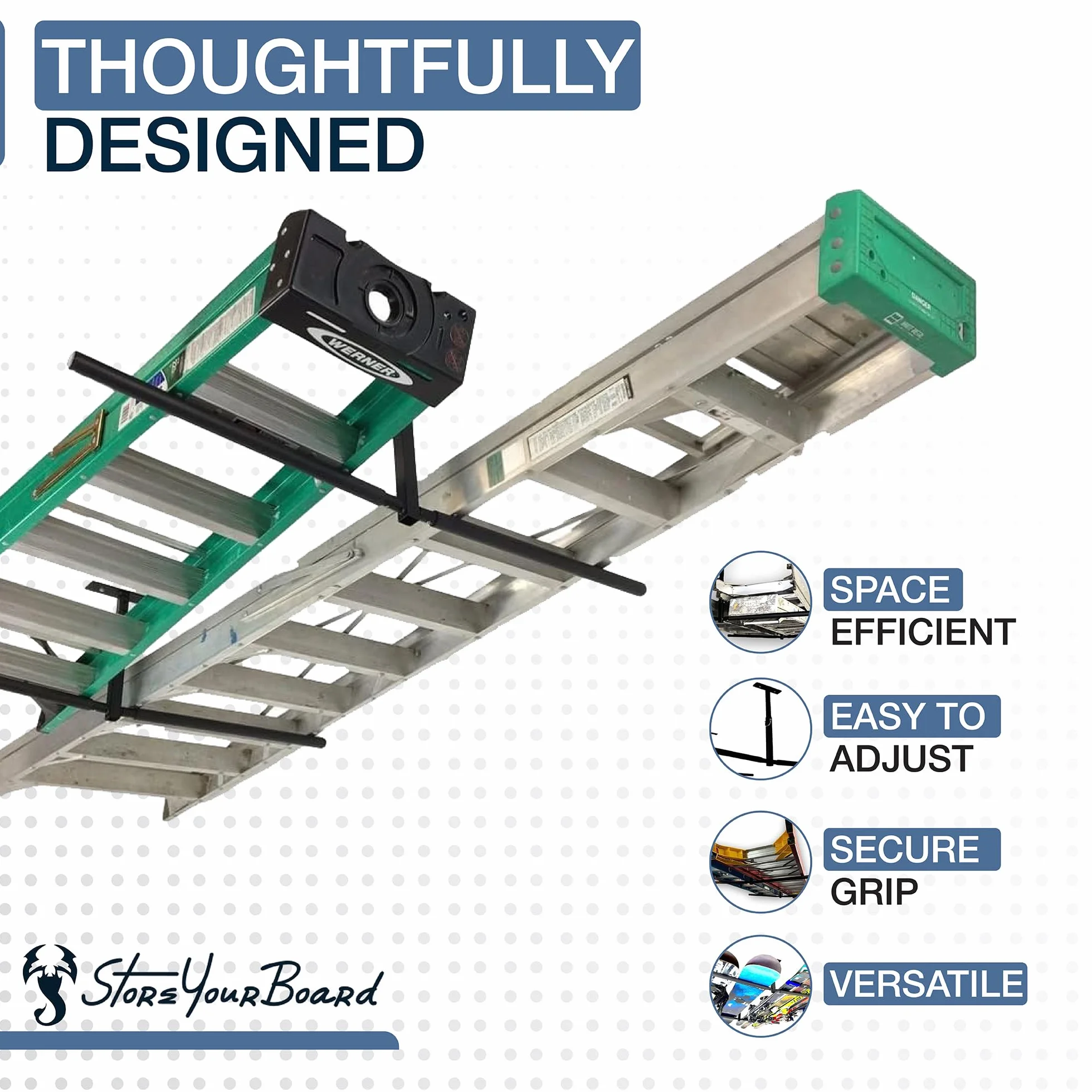 StoreYourBoard Soporte de techo doble escalera, Hi Port 2 garaje almacenamiento y organización, montaje en colgador