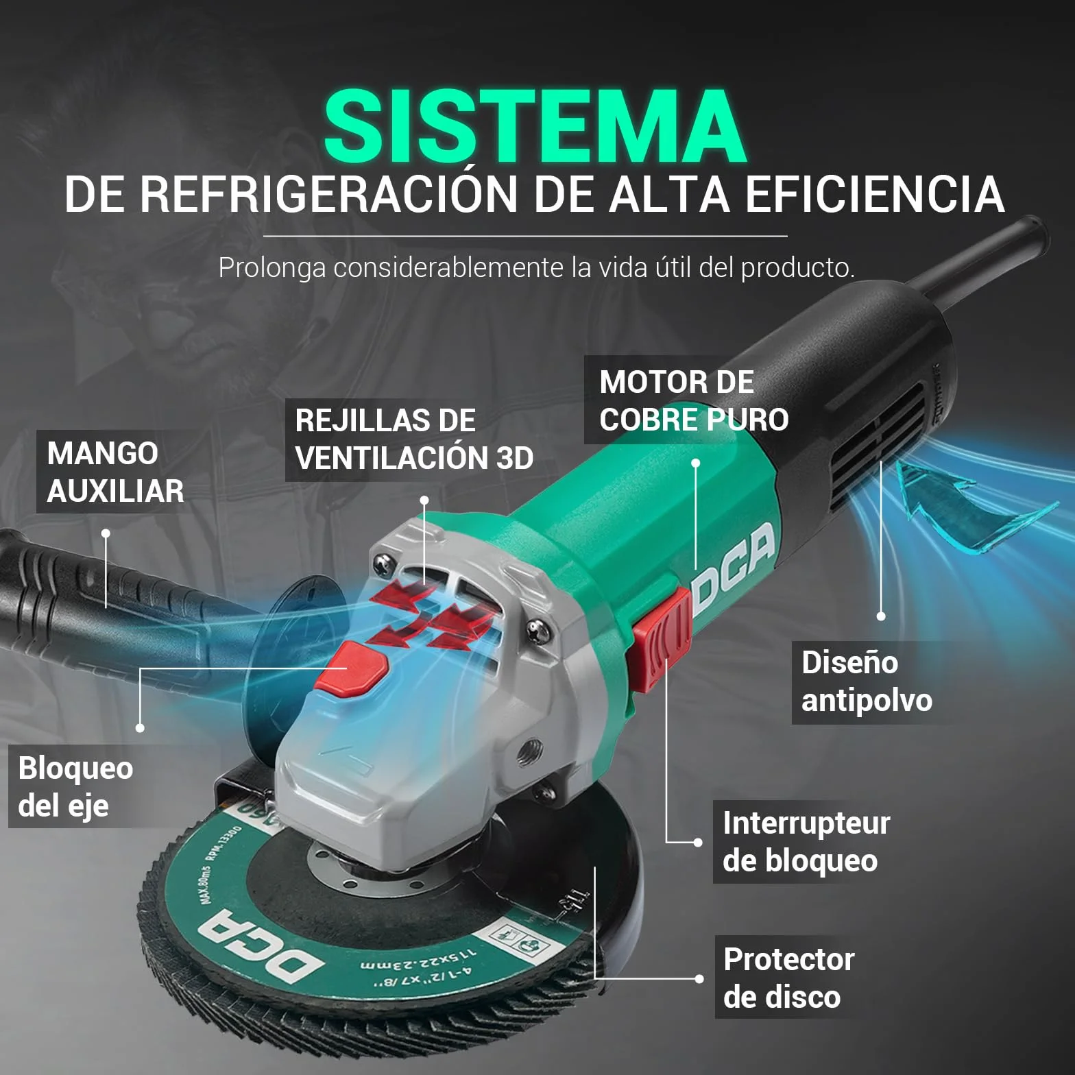DCA Amoladora Angular 860W 125 mm, 11.800 rpm, Cuerpo Ultra Fino (Circunferencia 178 mm), Carcasa de Engranajes Compacta, 1,6 kg Ligera Radial para Corte y Lijado