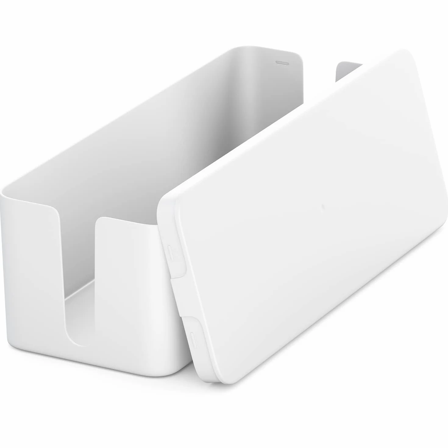 deleyCON Caja para Gestionar Caja Organizadora de Cables 40,5cm x 15,3cm x 13cm Plástico Robusto 2 Guías de Cables Protección y Seguridad Blanco