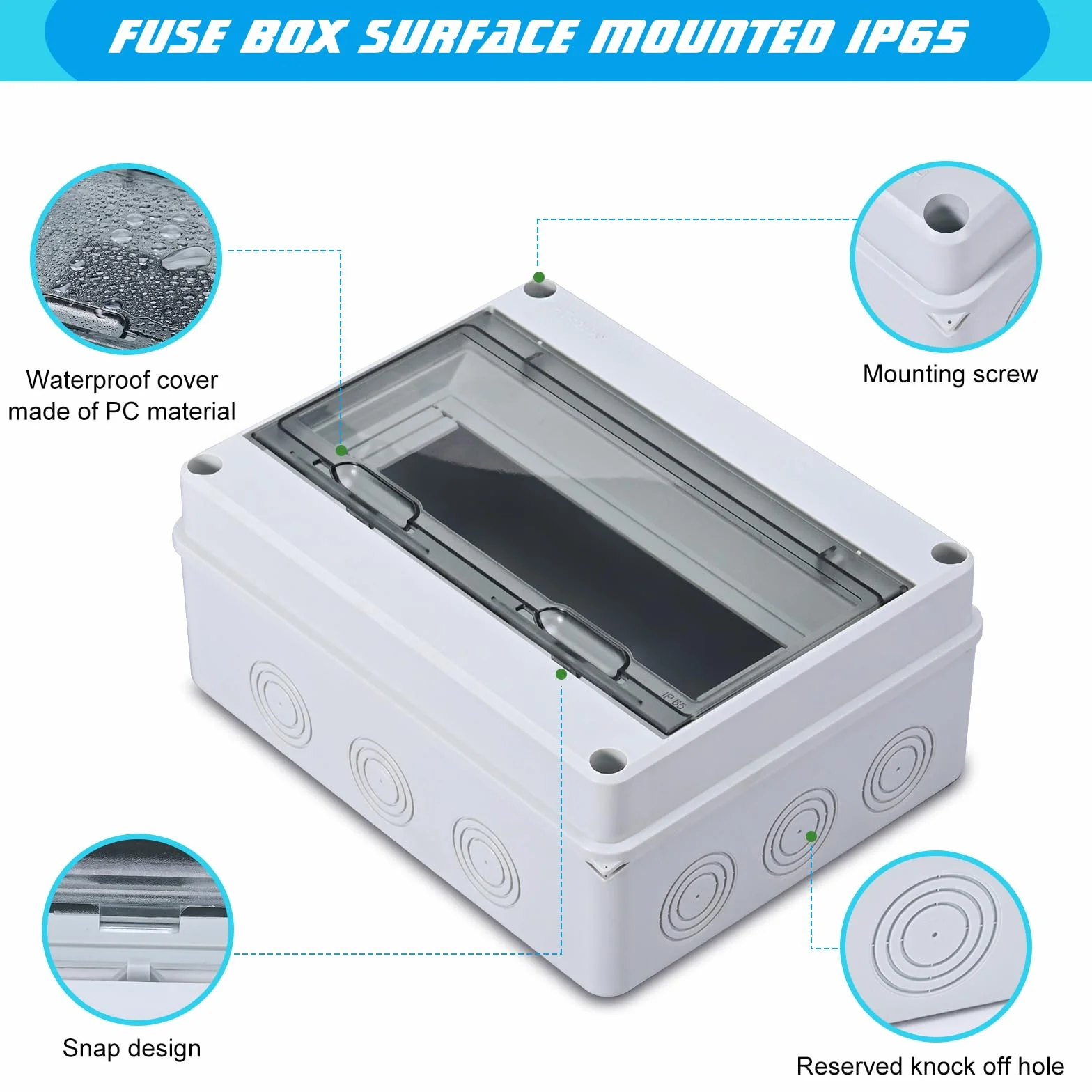 Caja de distribución de montaje superficial, caja de seguridad impermeable IP65, ideal para jardines o áreas exteriores, cumple con los estándares de espacios húmedos (8módulos)