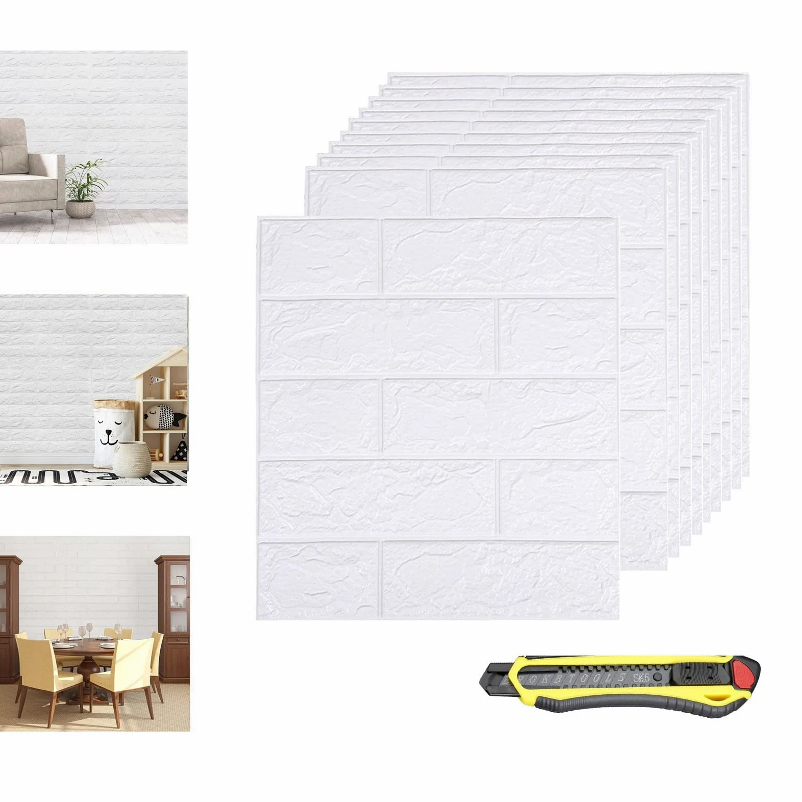 10 Piezas Papel Pintado Pared 3D, Autoadhesivo Impermeable Pegatina de Pared Espuma, Efecto Ladrillo de Piedra, 3d Paneles Decorativos para Cocina, Dormitorio, Salón (35x38.5cm, Blanco)