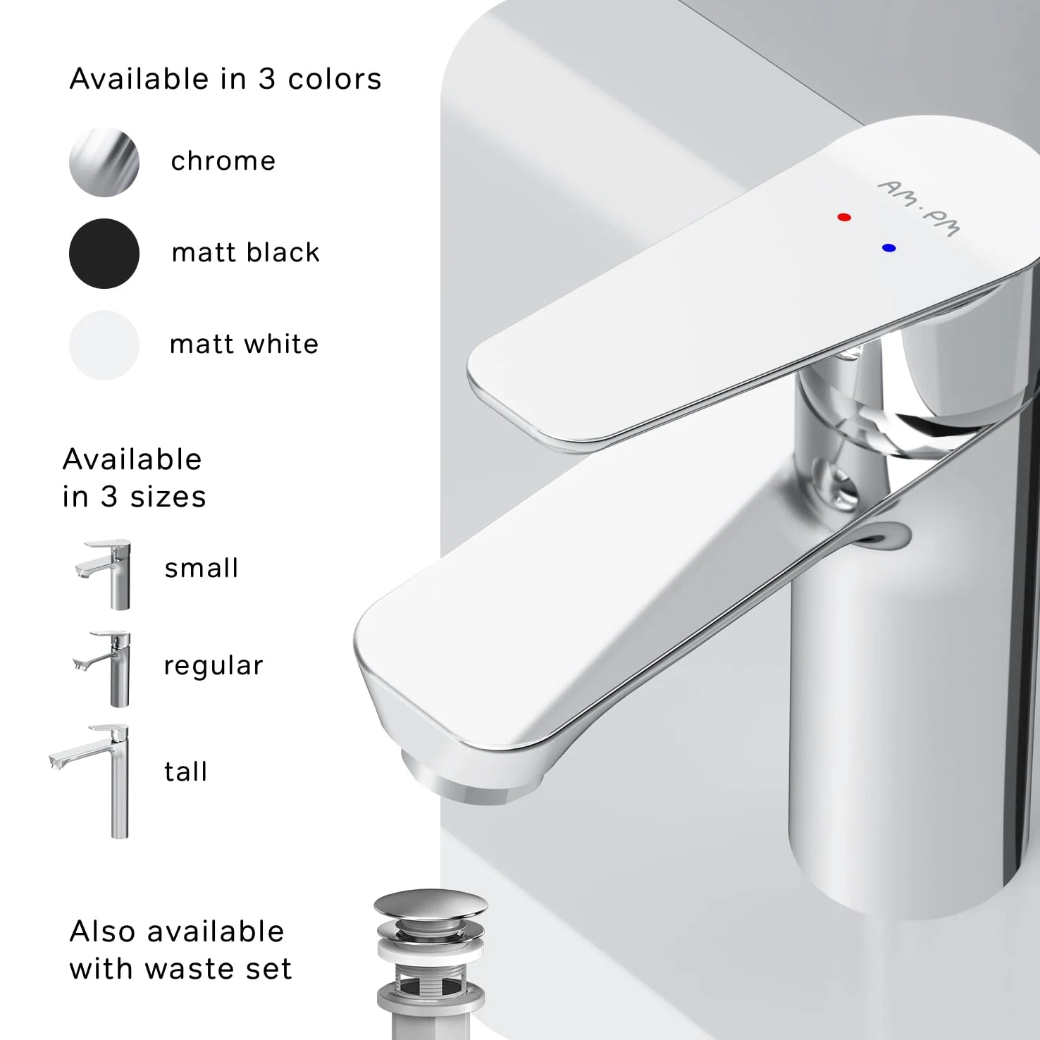 AM.PM Hit FTA02200,Grifo de lavabo con mezclador monomando, cartucho de cerámica SoftMotion, Aerator, resistente a los arañazos, en 2 alturas de caña: 102 mm o 193 mm, 5 años de garantía