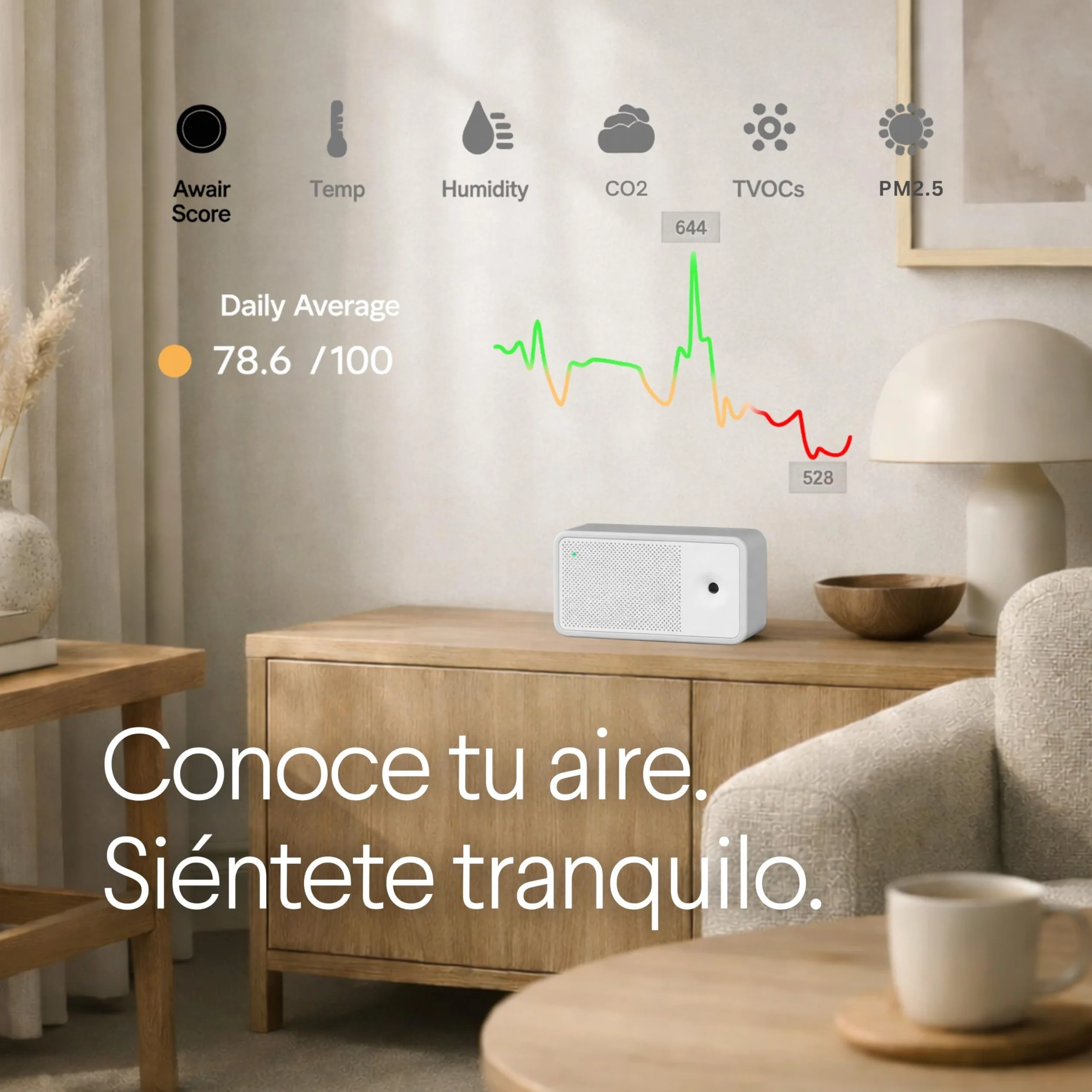 Awair Element Smart Monitor de Calidad del Aire – Sensor Profesional CO2, PM2.5, VOC & Temperatura, Seguimiento de la Contaminación Interior, App iOS & Android, CREA un Ambiente Doméstico Saludable.