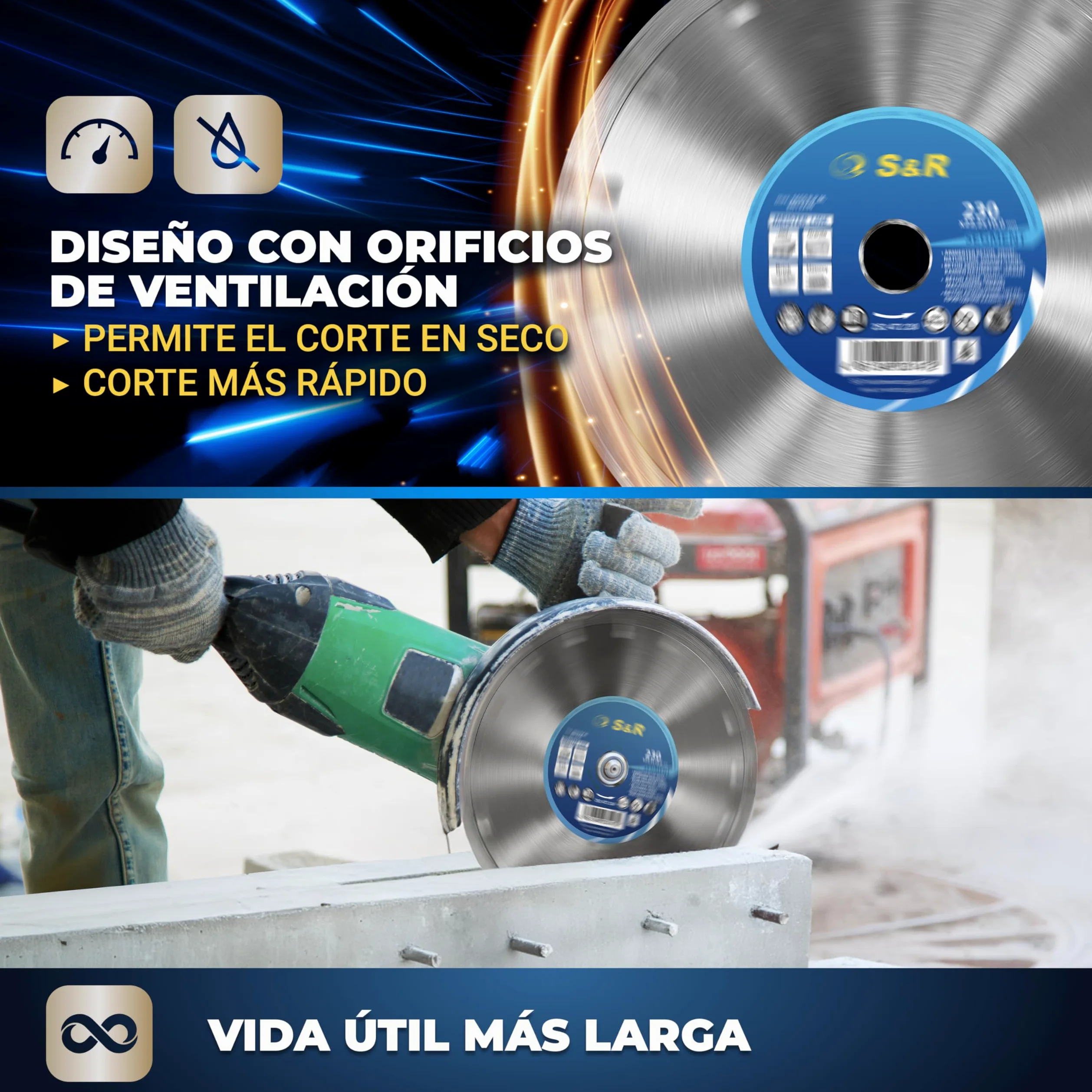S&R Disco corte de Diamante 230 x 22,2 x 10 2,6 mm para Hormigón, Hormigón armado, Granito, Piedra natural, Ladrillo