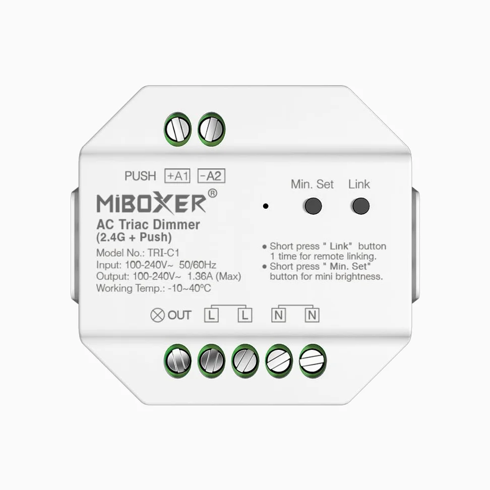 LIGHTEU, Milight Miboxer TRIAC Dimmer Module RF + PUSH Control para Lámparas Focos AC 100-240V Trailing Edge Phase Cut Dimmer TRI-C1