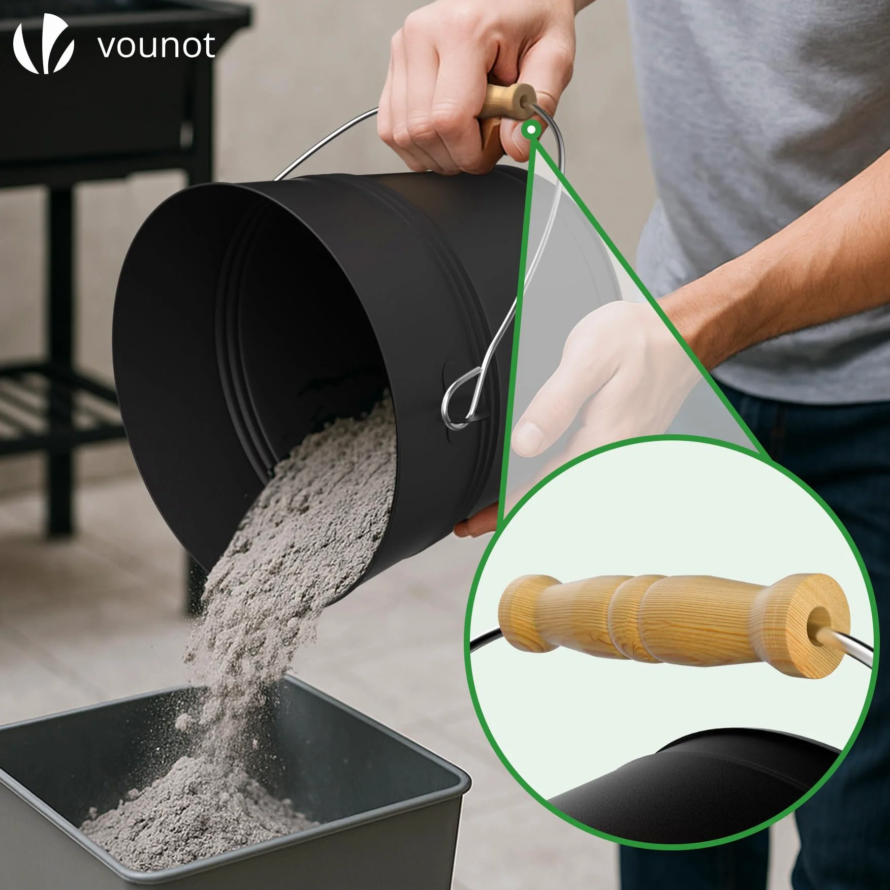 VOUNOT® Cubo Cenizas con Tapa y Set Barrido 5L Contenedor Ceniza con Asa, Pala y Escoba de Mano, Accesorios para Chimenea Estufa, Recipiente con Asas para Carbón y Restos de Leña, Metálico, Negro