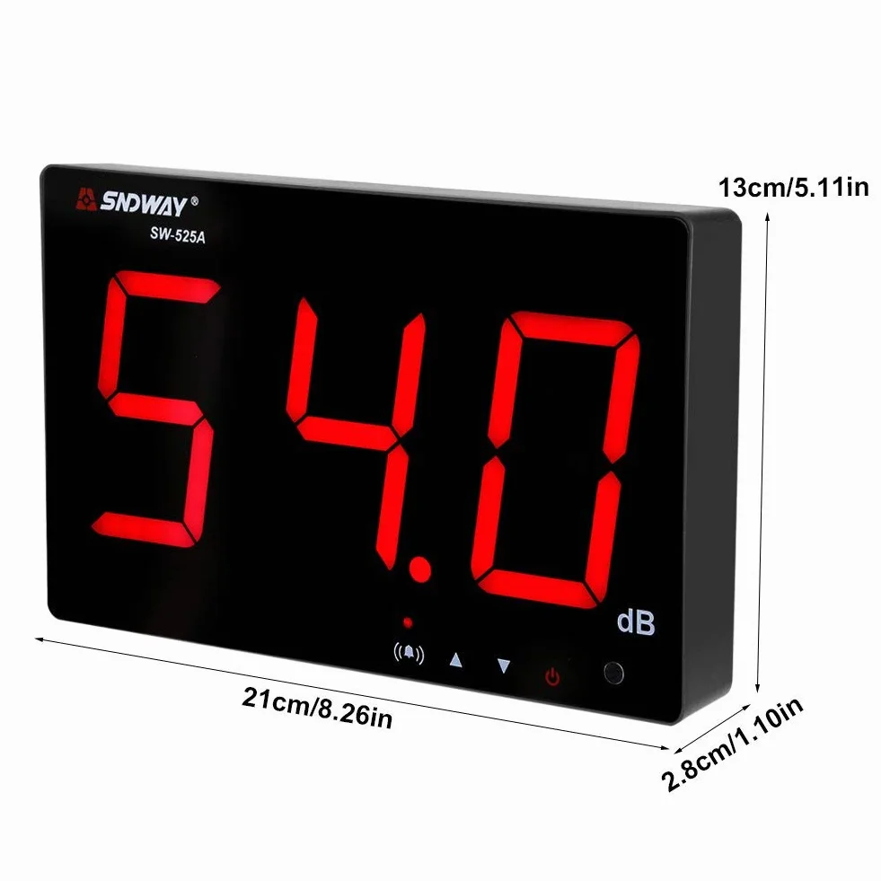 Medidor de nivel de sonido, 30~130db Pantalla LCD de 9,6" Probador de medición de ruido de decibelios para colgar en la pared con alarma(SW-525A)