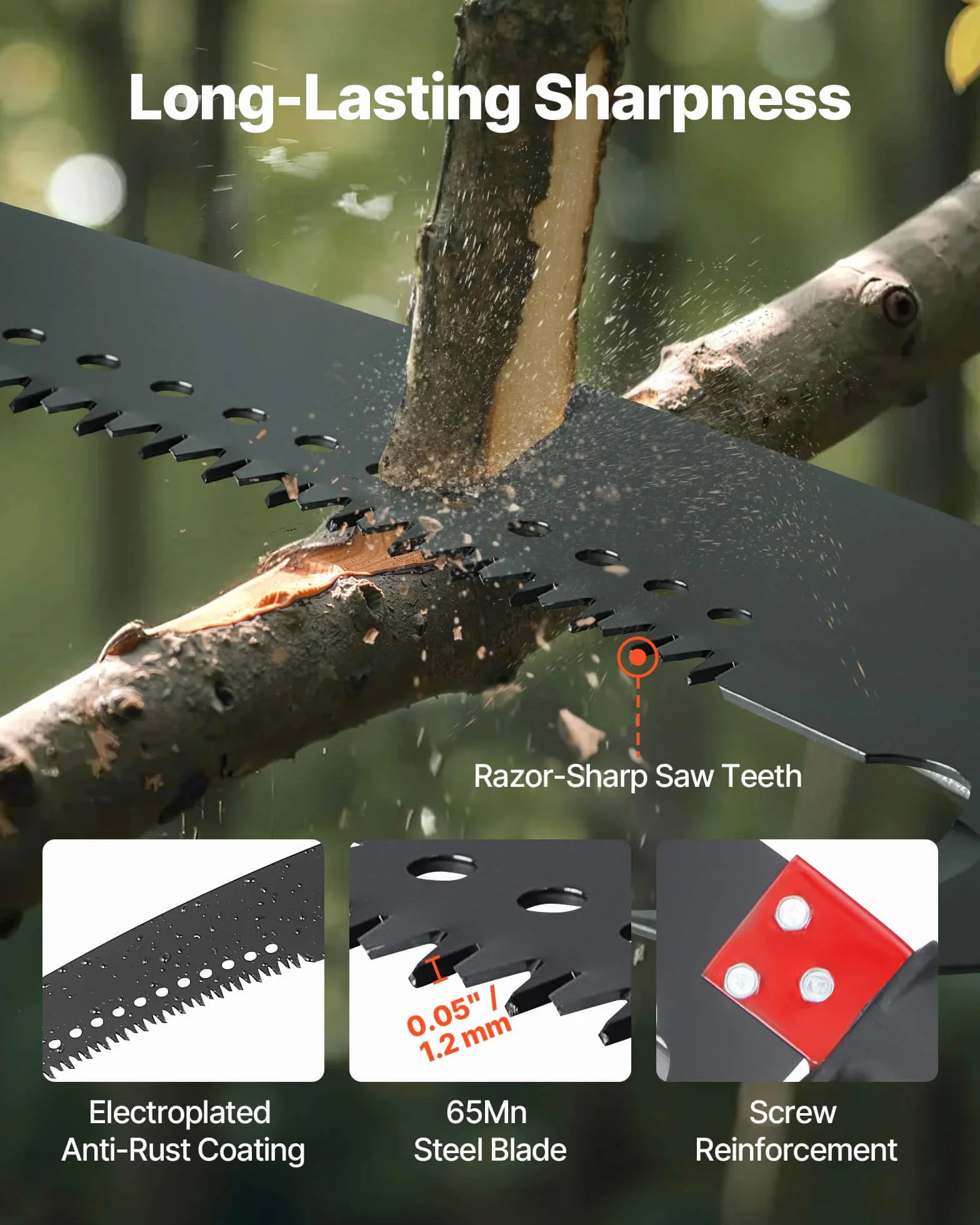 VEVOR Sierra de Pértiga Manual 118-809,3 cm Podadora de Árboles Extensible Hoja de Acero 65 Mn
