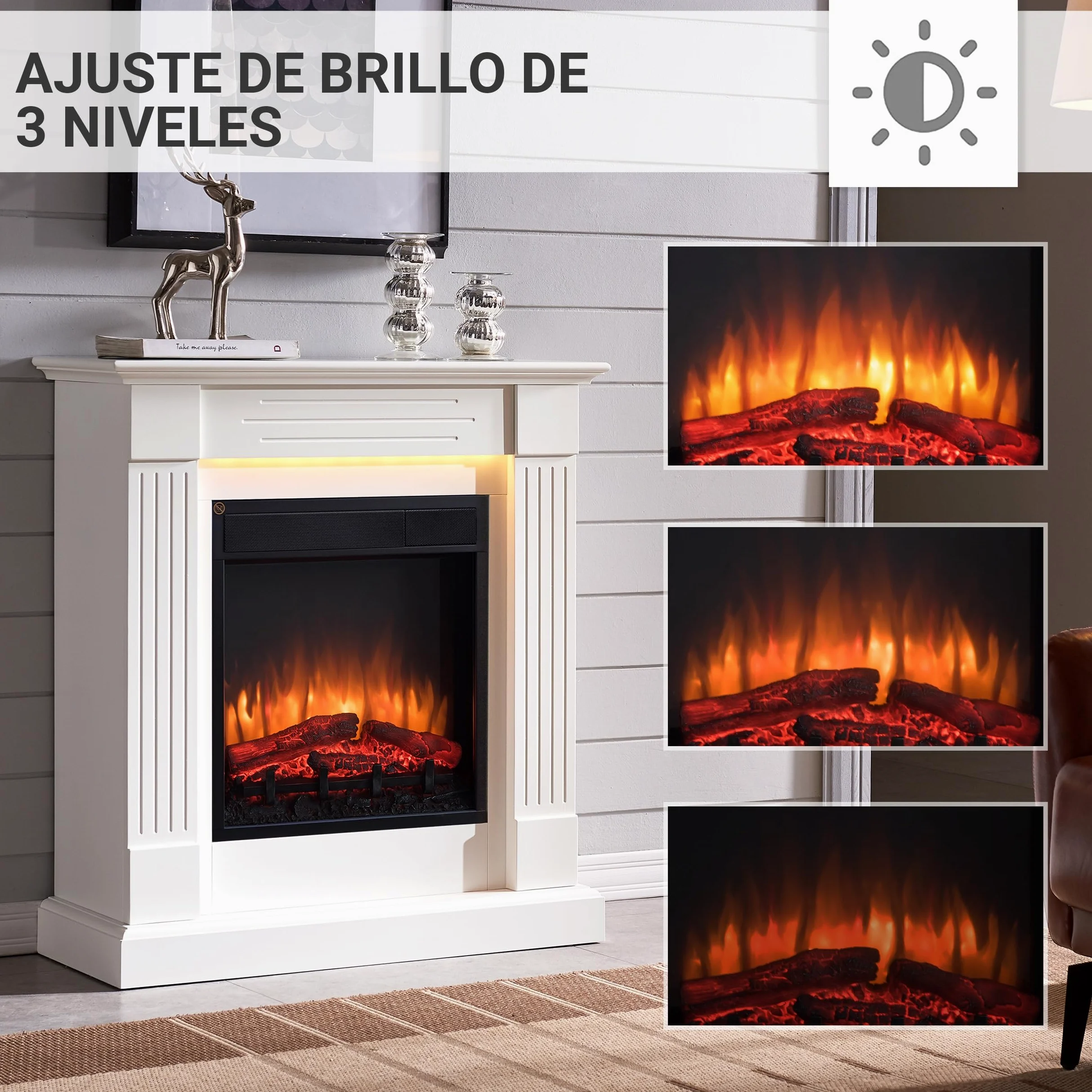 BALDERIA Chimenea eléctrica de pie Ladina, 2000 W, Blanco | Efecto de Llama 3D, Calentador, Calefacción, Iluminación Ambiental LED, Mando a Distancia, Temporizador y termostato
