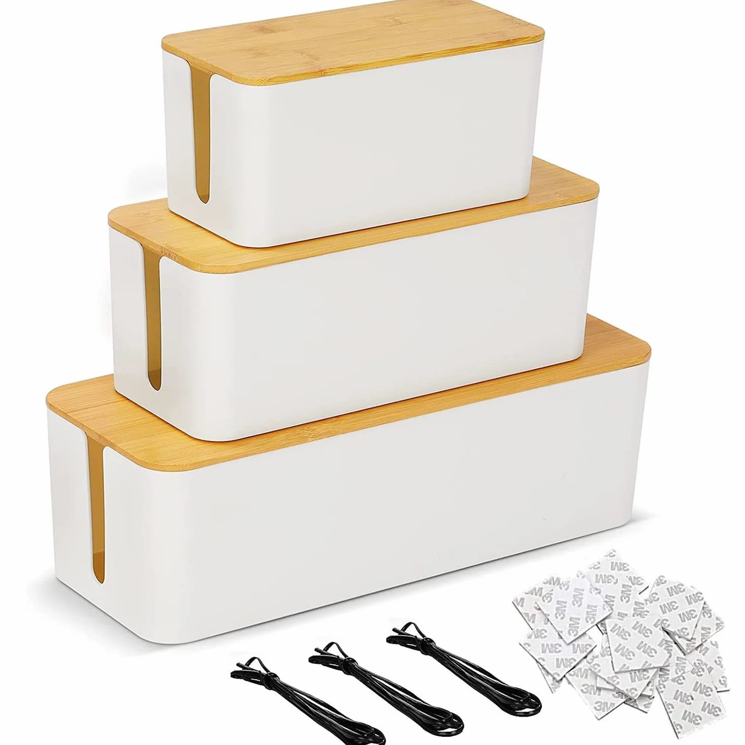 SENENQU 3 Piezas Caja Organizadora Cables con Tapa de Madera, Caja para Cables Blanca con Bridas Incluidas, Tres Tamaños para Regletas, Router, Escritorio, Salón y Oficina