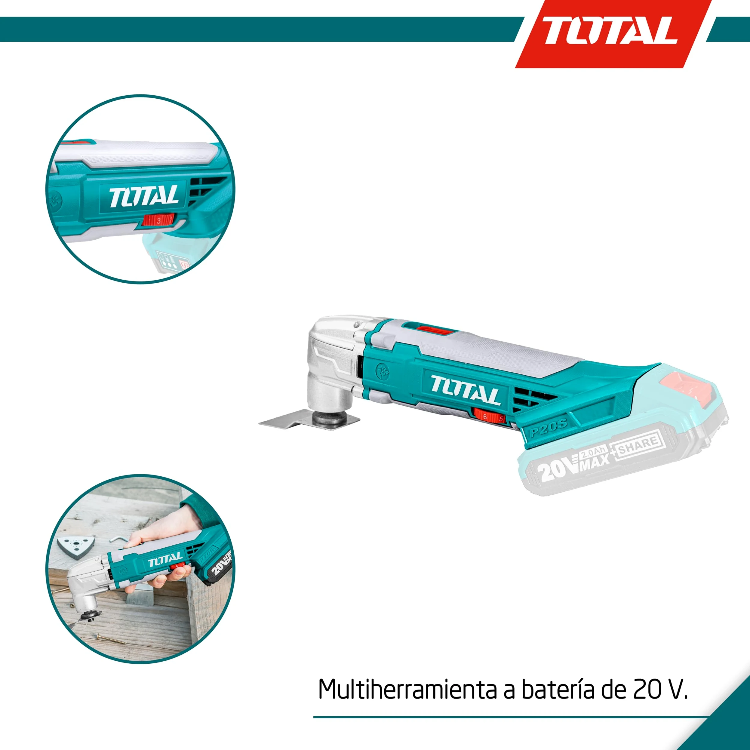 TOTAL - Multiherramienta Eléctrica - A Batería P20S 20 V - Incluye Raspador, Sierra, Sierra Segmentada, Llave Hexagonal y Base de Lija - Incluye 3 Hojas de Lija - Velocidad Regulable